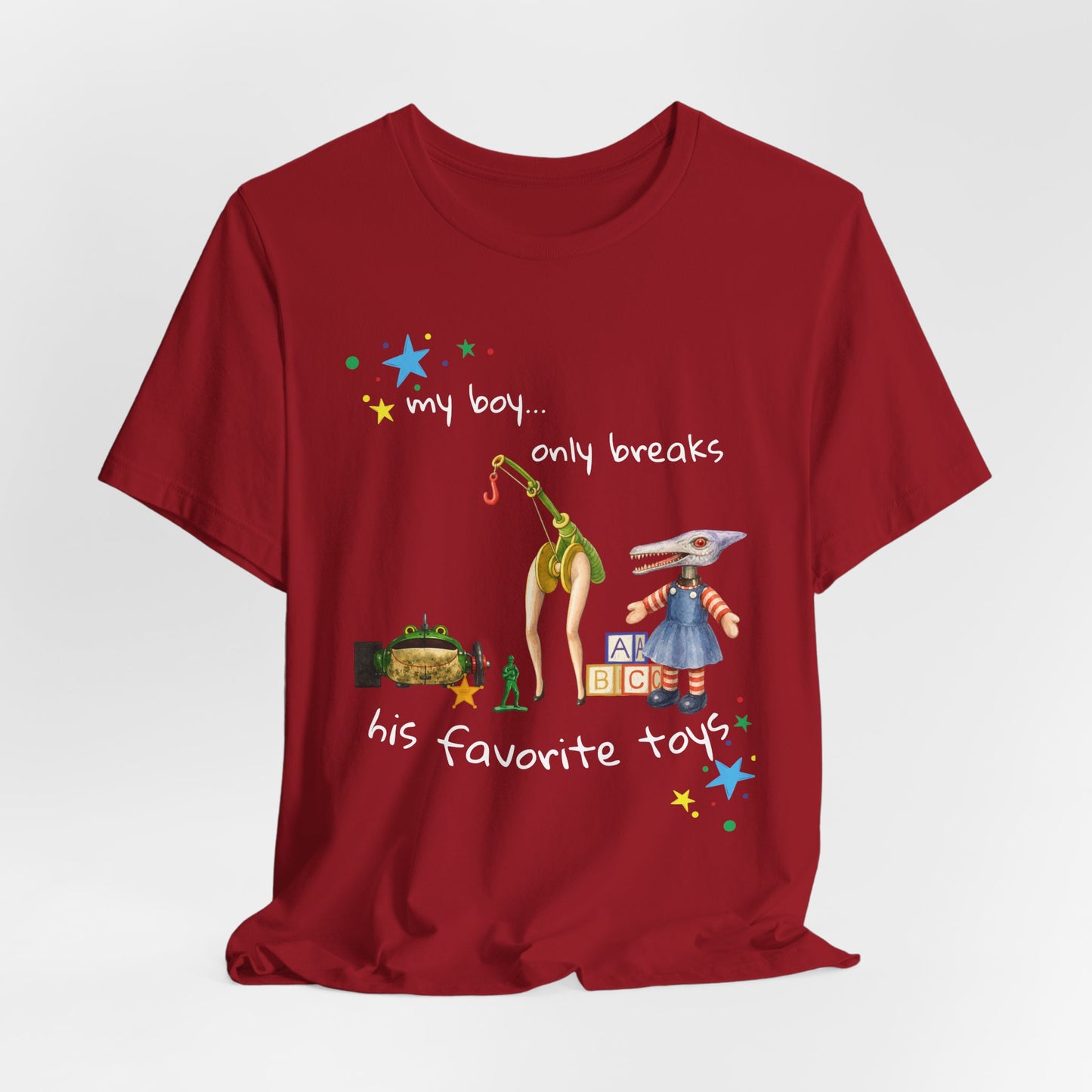 Novelty T‑Shirt — “My Boy Only Breaks His Favorite Toys” Funny Retro Broken Toys Tee