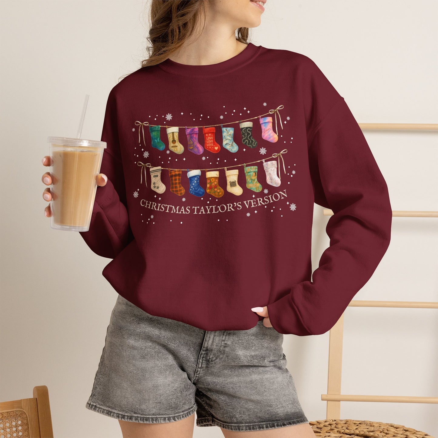 Christmas Stockings and Snowflakes Crewneck Sweatshirt — “Christmas TV” Holiday Pullover