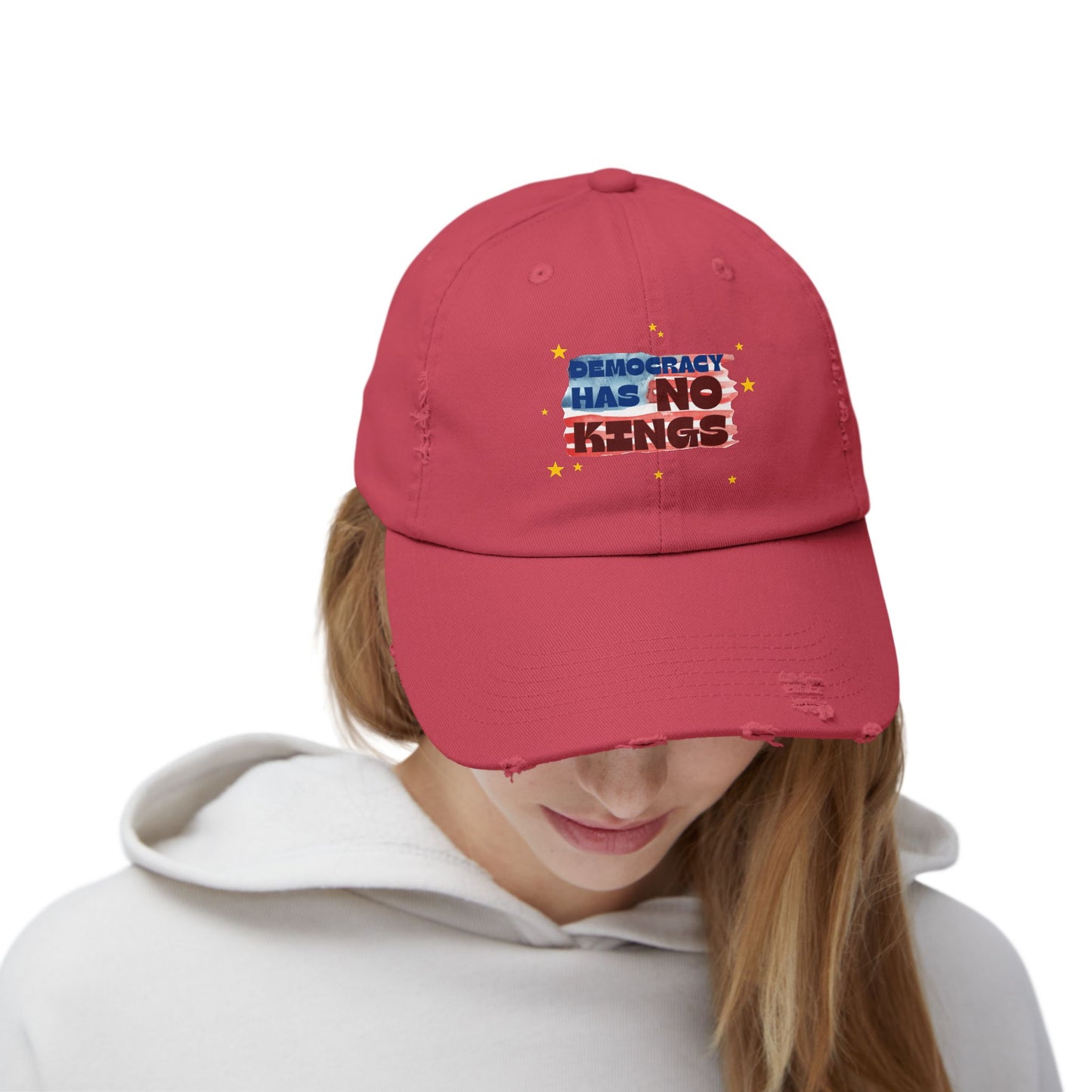 Unisex Distressed Cap with 'Democracy Has No Kings' Design | Casual Hat for Outdoor Events, Gifts for Activists, Trendy Accessories