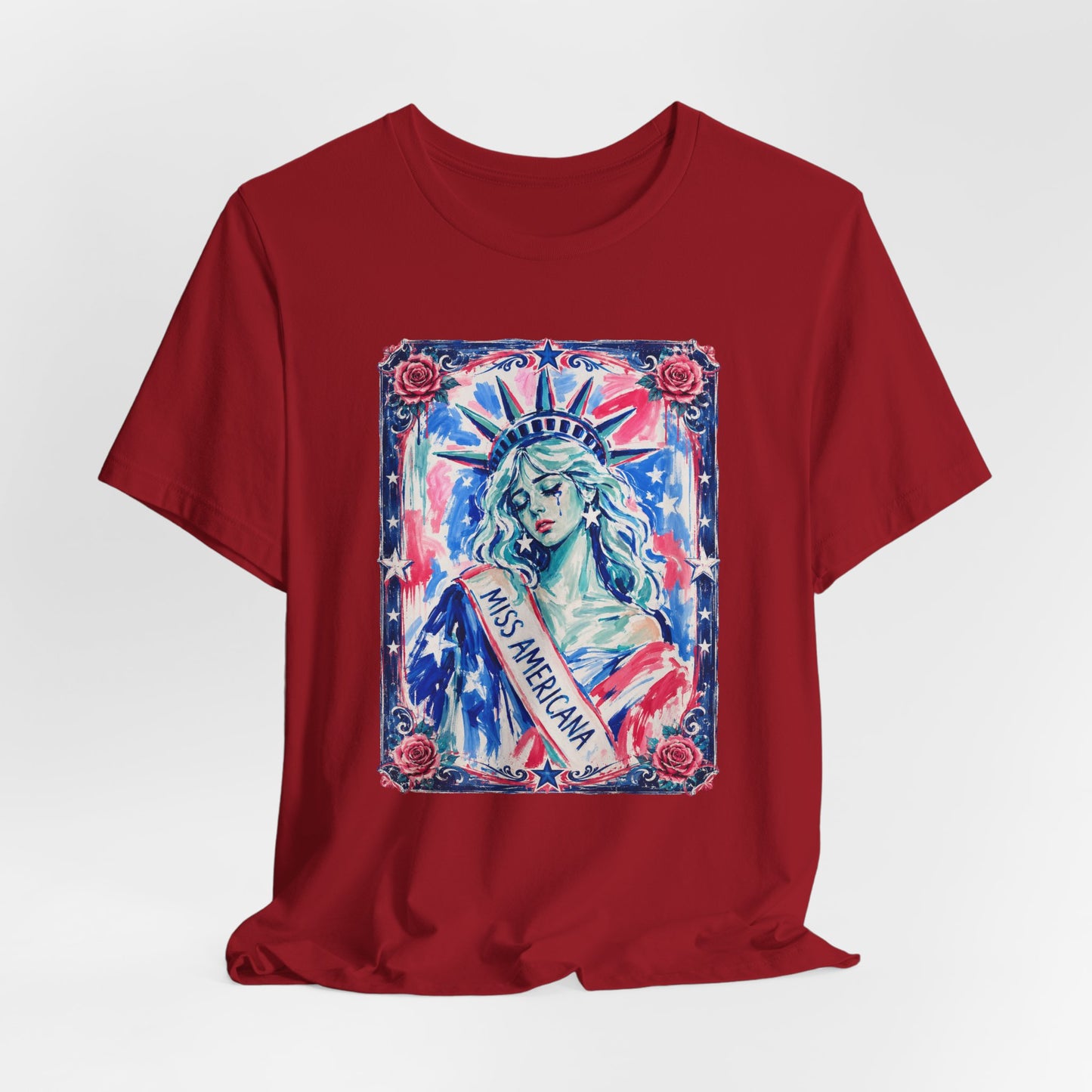 Miss Americana Statue of Liberty Patriotic Art Tee (Back: "I'm just mad as hell because I loved this place")