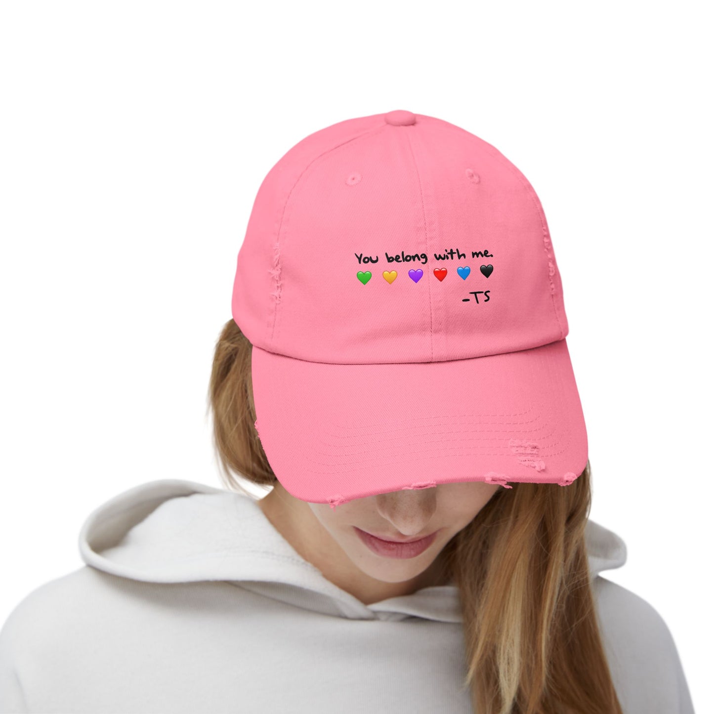 You belong with me - Printed Image - Unisex Distressed Cap with Heart Design - Perfect Gift for Music Lovers, Casual Wear, Festivals, Birthdays, Fan Merchandise