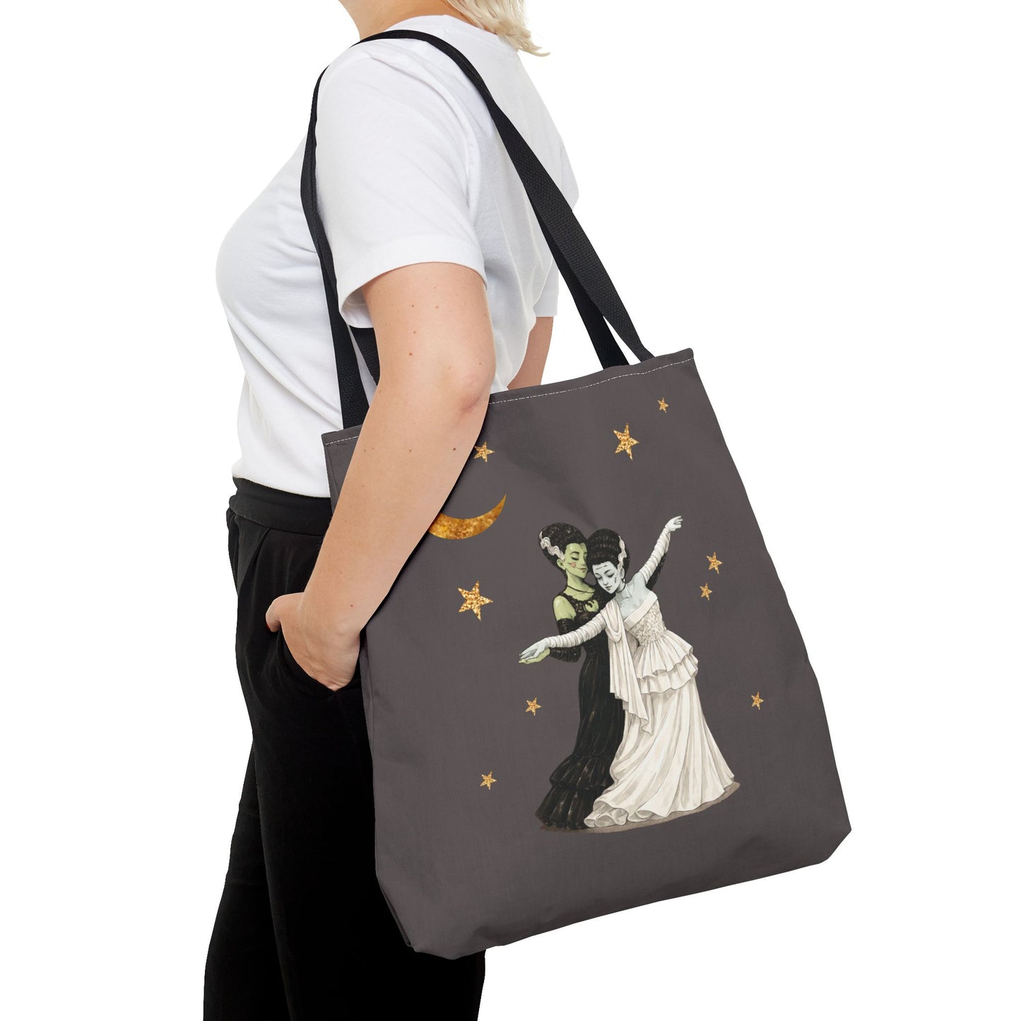 Moonlit Duet Tote Bag — Vintage Lesbian Monster Brides Couple with Gold Moon & Stars
