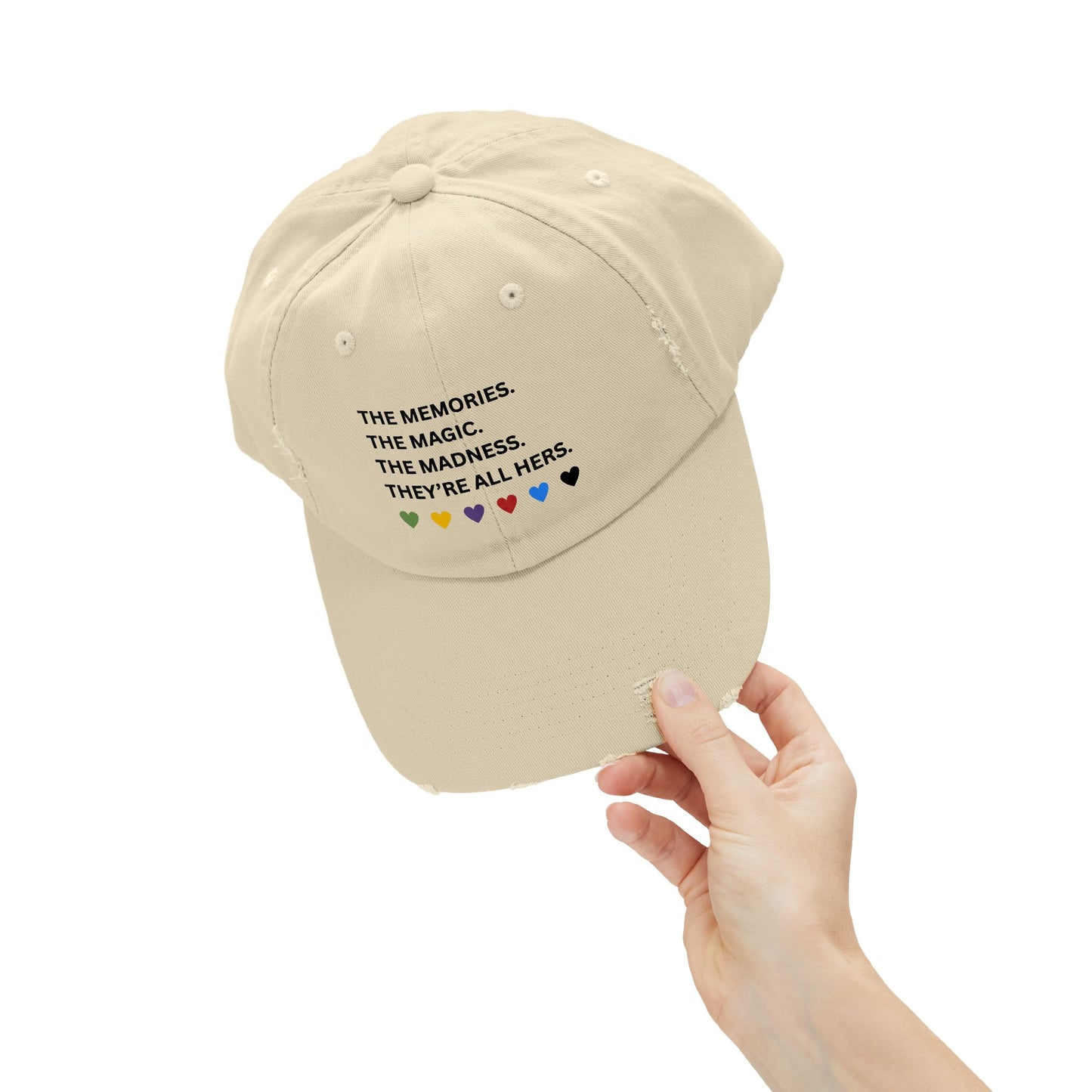 They're All Hers - TS - Unisex Distressed Cap with Heartfelt Quote - Casual Hat for Every Occasion, Gift for Friends, Birthday, Anniversary, Fun Accessories
