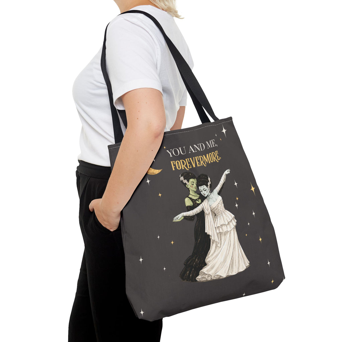 Moonlit Duet Tote Bag — Vintage Lesbian Monster Brides Couple with Gold Moon & Stars