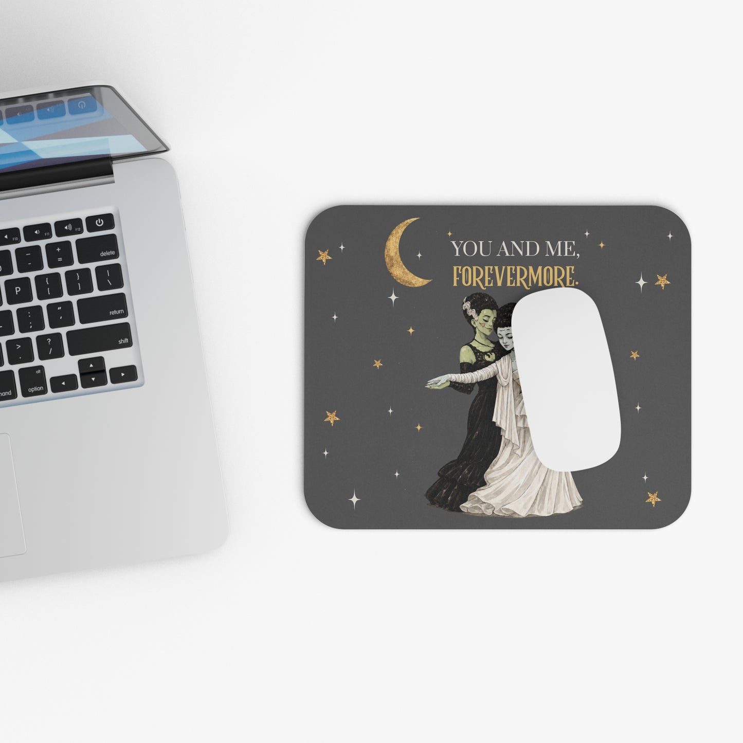 You and Me, Forevermore Mouse Pad — Gothic Romantic Desk Mat with Dancing Couple & Gold Moon