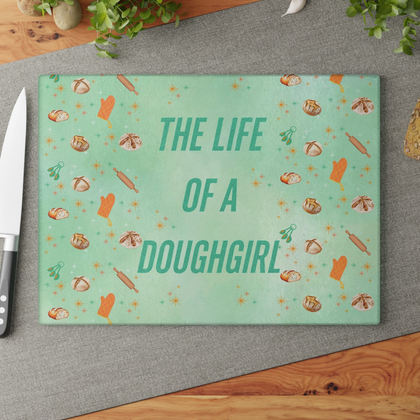 Doughgirl Glass Cutting Board for Bakers, Fun Kitchen Decor, Gift for Foodies, Baking Enthusiast, Personalized Kitchen Gifts