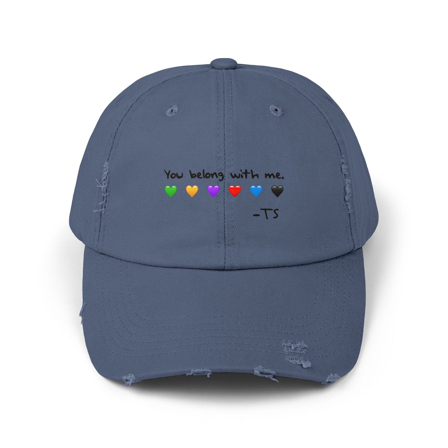 You belong with me - Printed Image - Unisex Distressed Cap with Heart Design - Perfect Gift for Music Lovers, Casual Wear, Festivals, Birthdays, Fan Merchandise