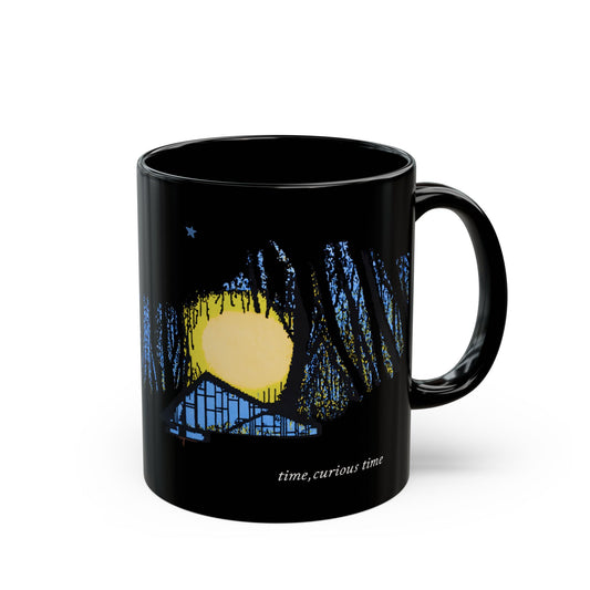 Curious Time Black Mug — Night Forest Moonlight Design (11oz, 15oz)