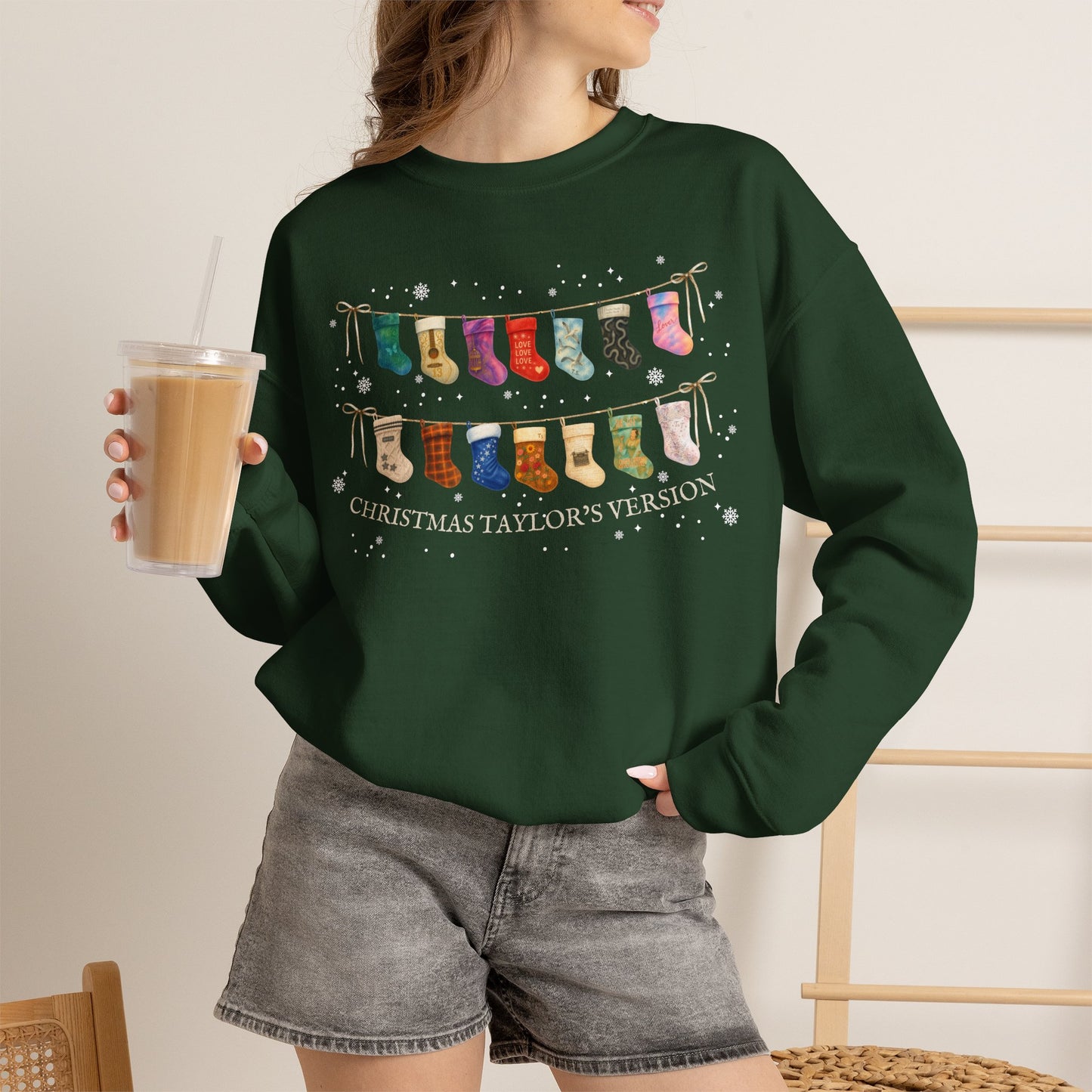 Christmas Stockings and Snowflakes Crewneck Sweatshirt — “Christmas TV” Holiday Pullover