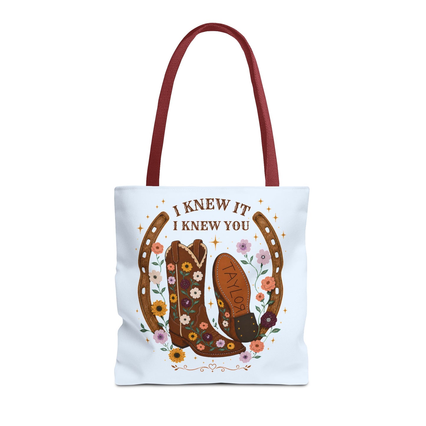 Western Floral Tote Bag — "I Knew It, I Knew You" Cowboy Boots & Horseshoe Design