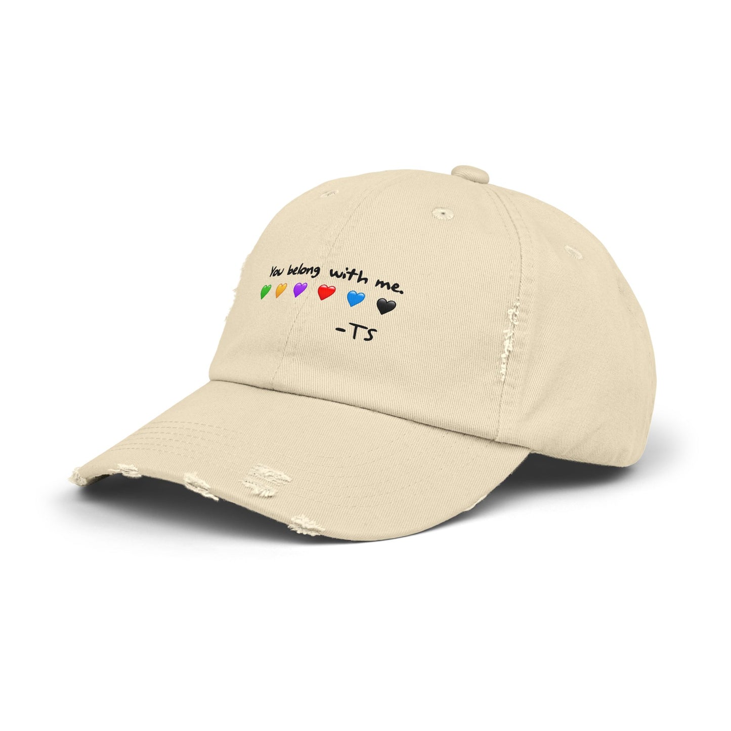 You belong with me - Printed Image - Unisex Distressed Cap with Heart Design - Perfect Gift for Music Lovers, Casual Wear, Festivals, Birthdays, Fan Merchandise