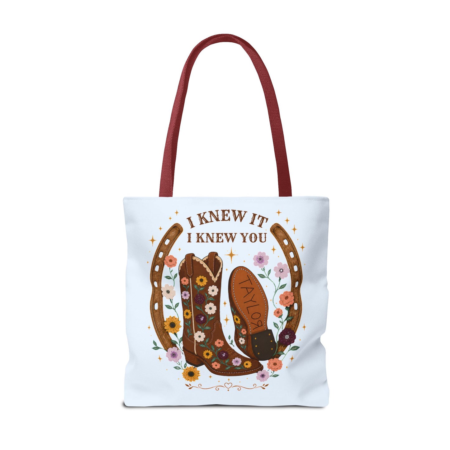 Western Floral Tote Bag — "I Knew It, I Knew You" Cowboy Boots & Horseshoe Design