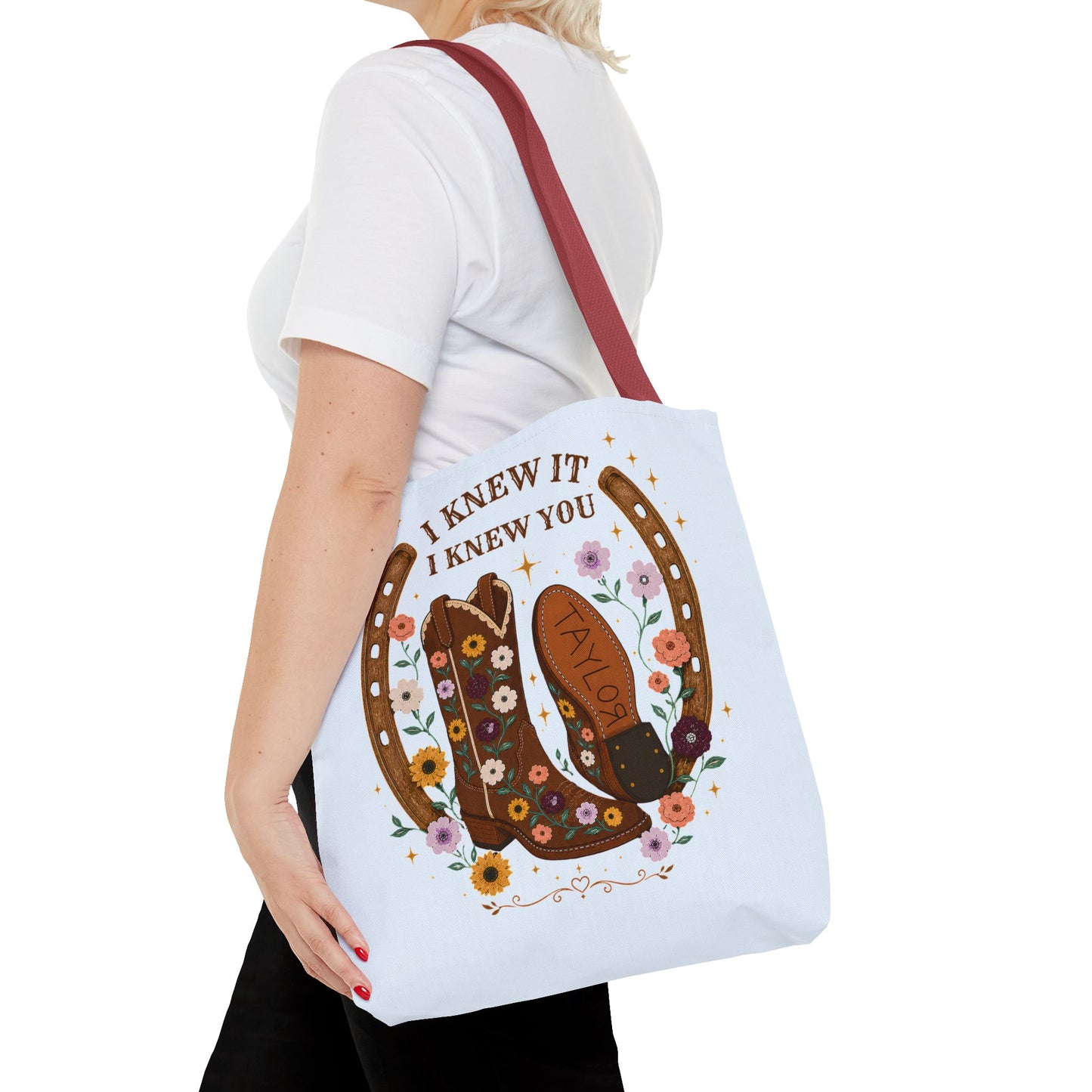 Western Floral Tote Bag — "I Knew It, I Knew You" Cowboy Boots & Horseshoe Design