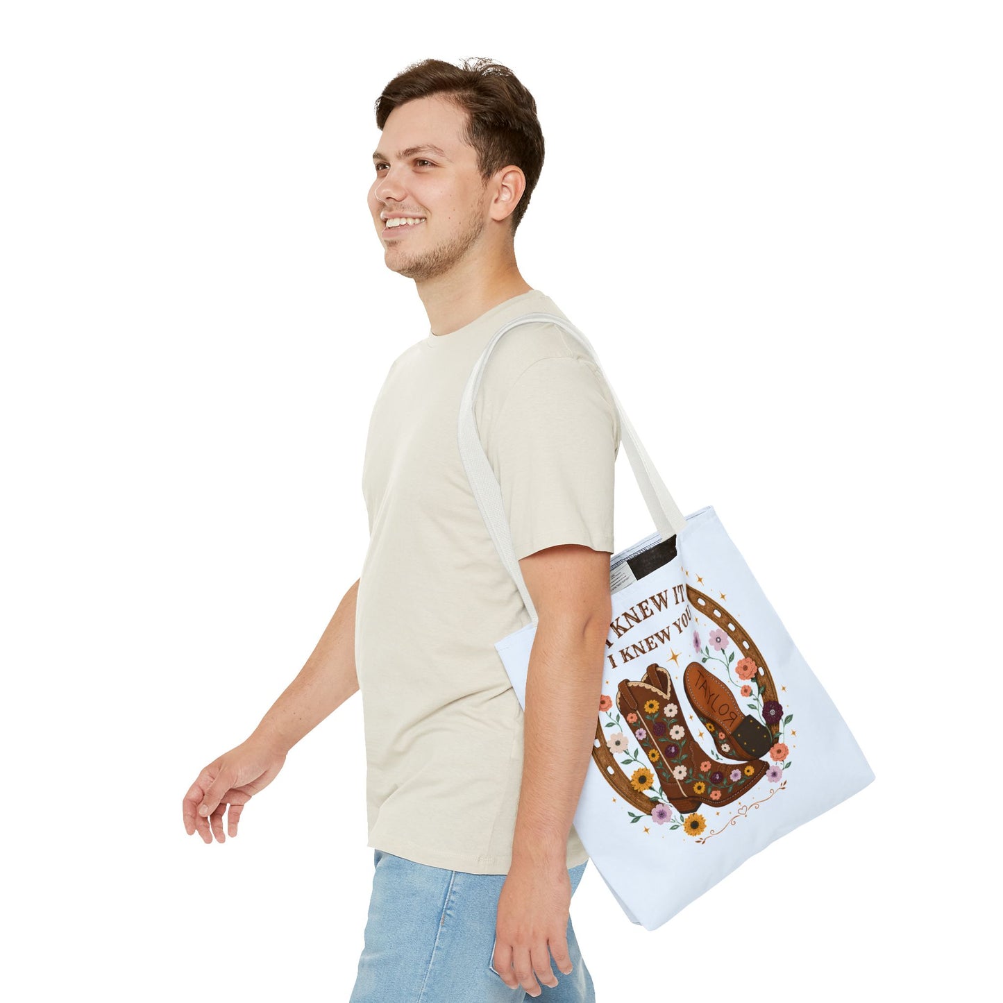 Western Floral Tote Bag — "I Knew It, I Knew You" Cowboy Boots & Horseshoe Design