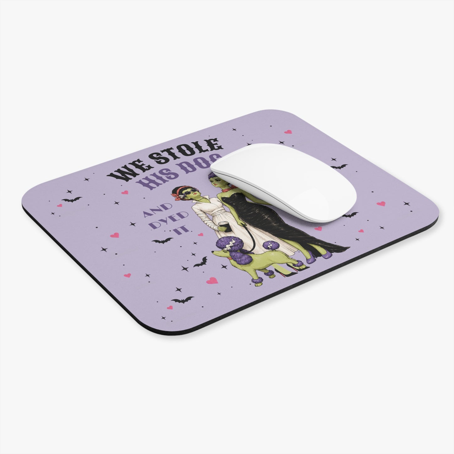 We stole his dog and dyed it key lime green...Halloween Bride & Bride Mouse Pad — Retro Frankenstein Couples Design on Lavender