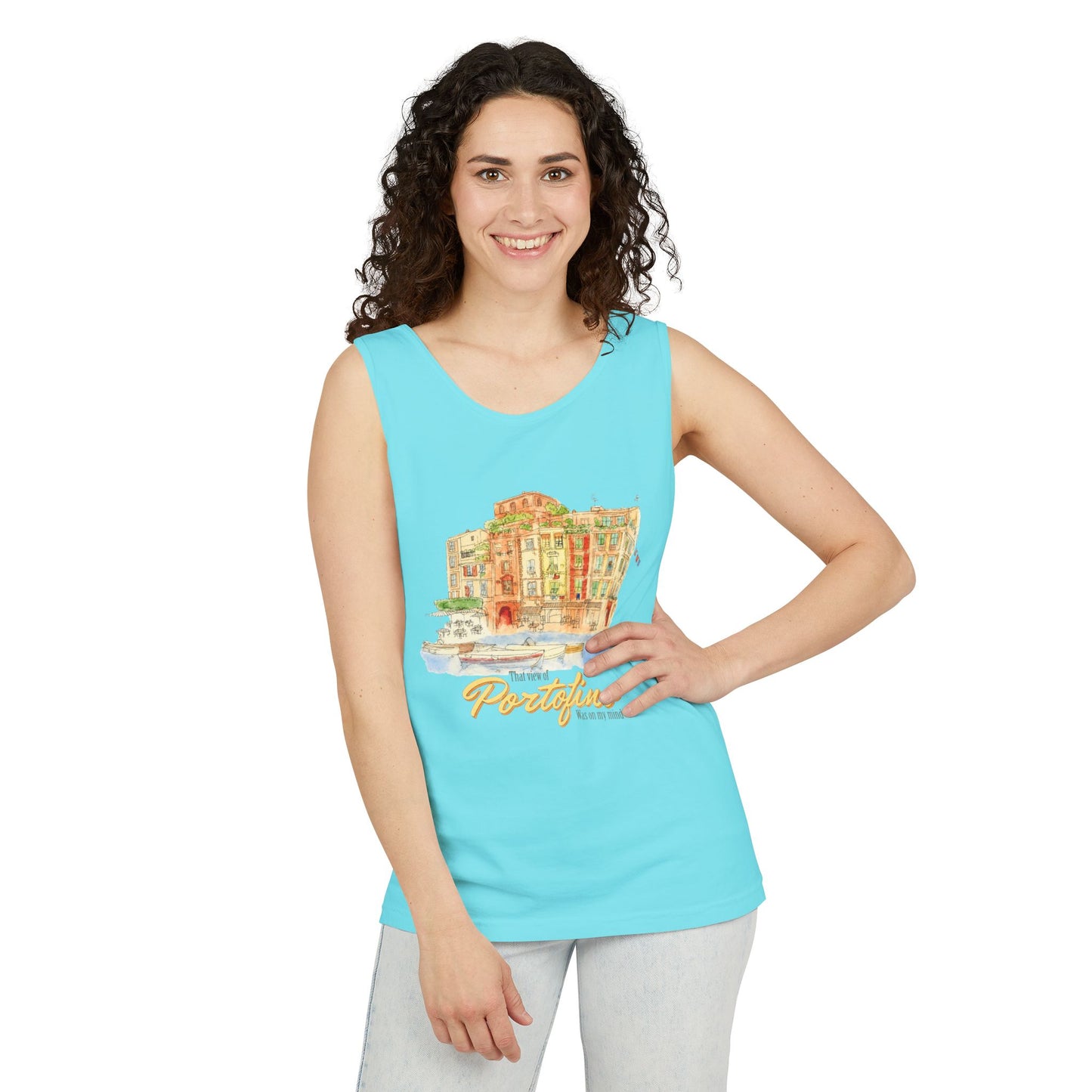 Portofino Watercolor Comfort Colors Unisex Tank Top — Italian Coastal Tee