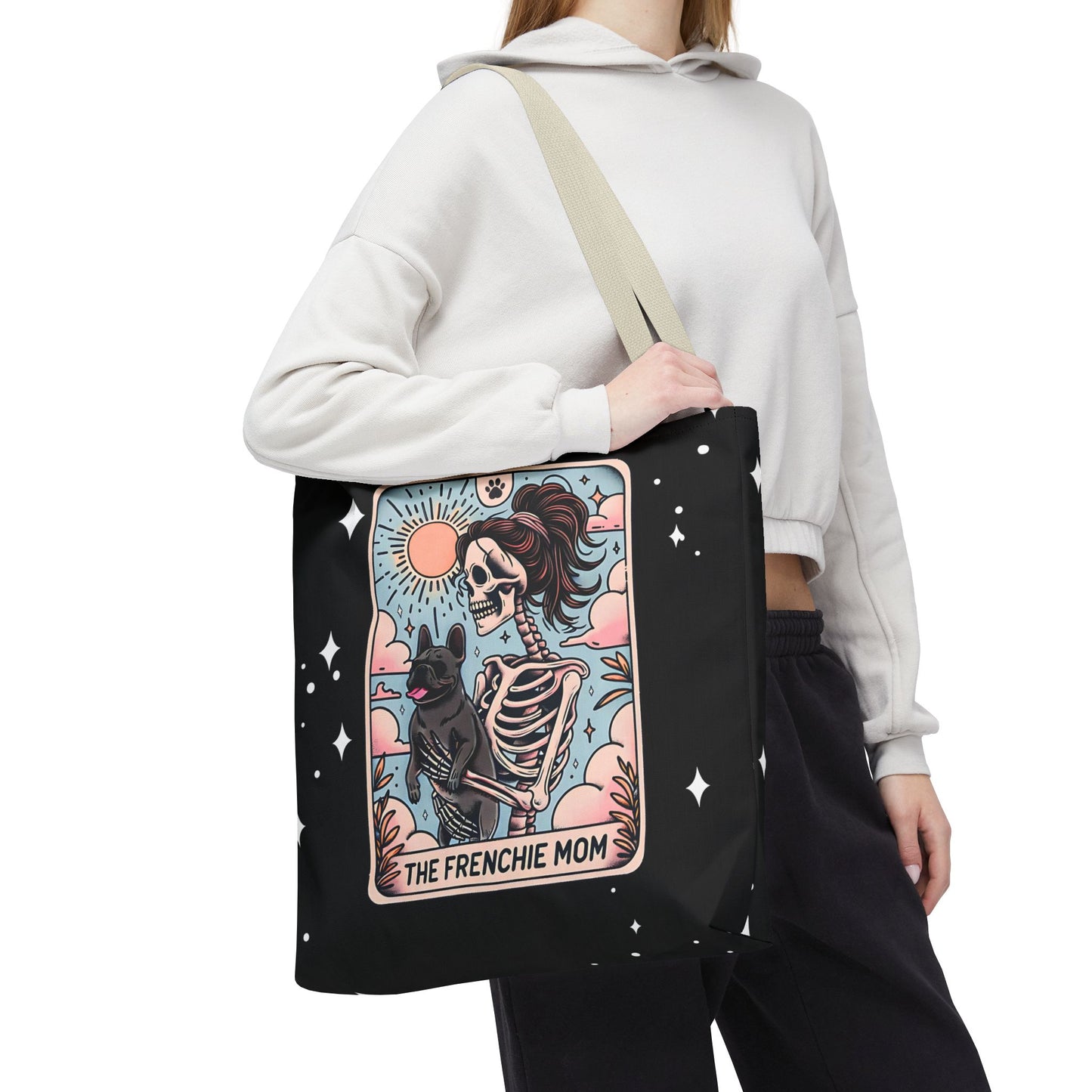 Frenchie Mom Tarot Tote Bag, Stylish Pet Lover Accessory, Ideal for Dog Moms, Halloween Gift, Trendy Grocery Bag, Eco-Friendly Bags