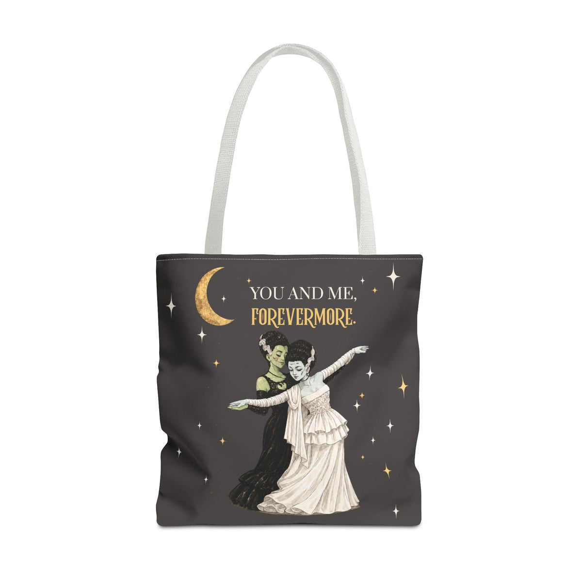 Moonlit Duet Tote Bag — Vintage Lesbian Monster Brides Couple with Gold Moon & Stars