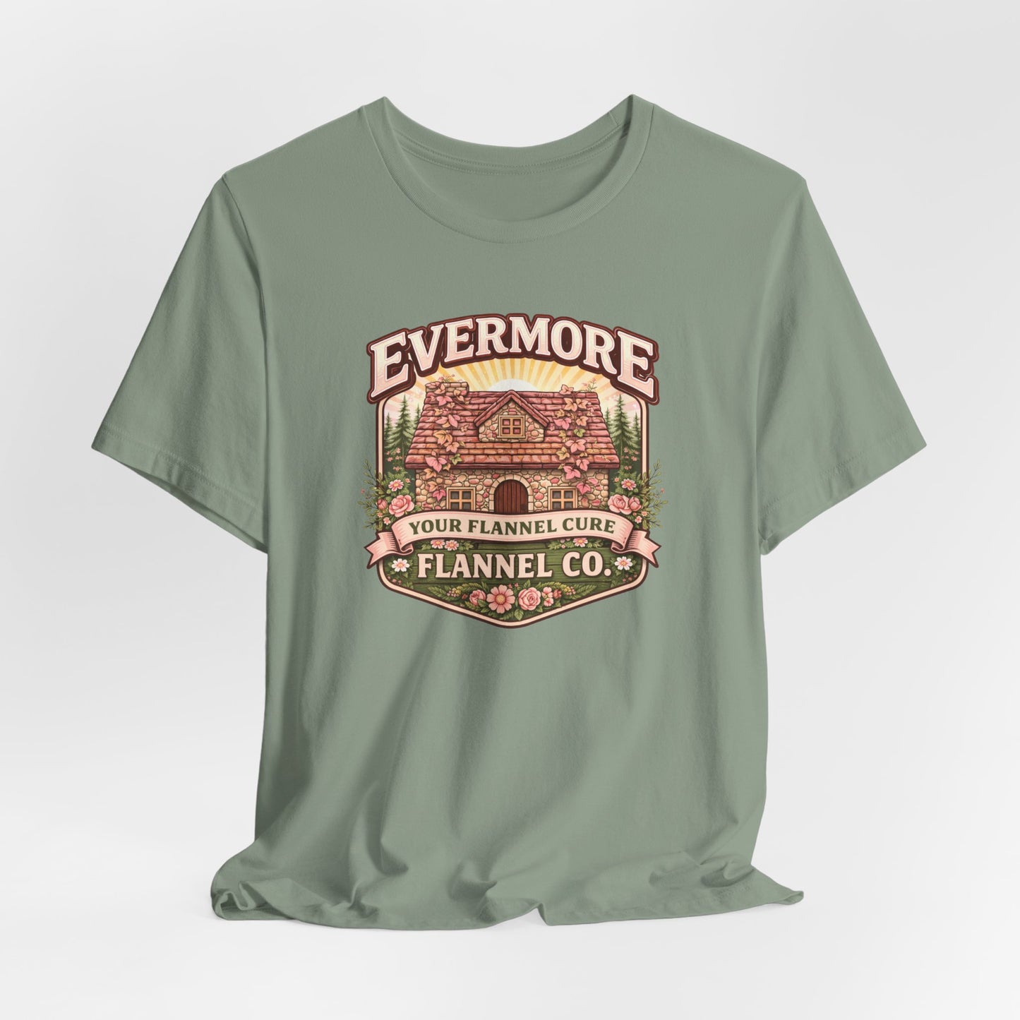 Evermore Flannel Co. Cabin Tee — Vintage Cozy Cabin Graphic T-Shirt