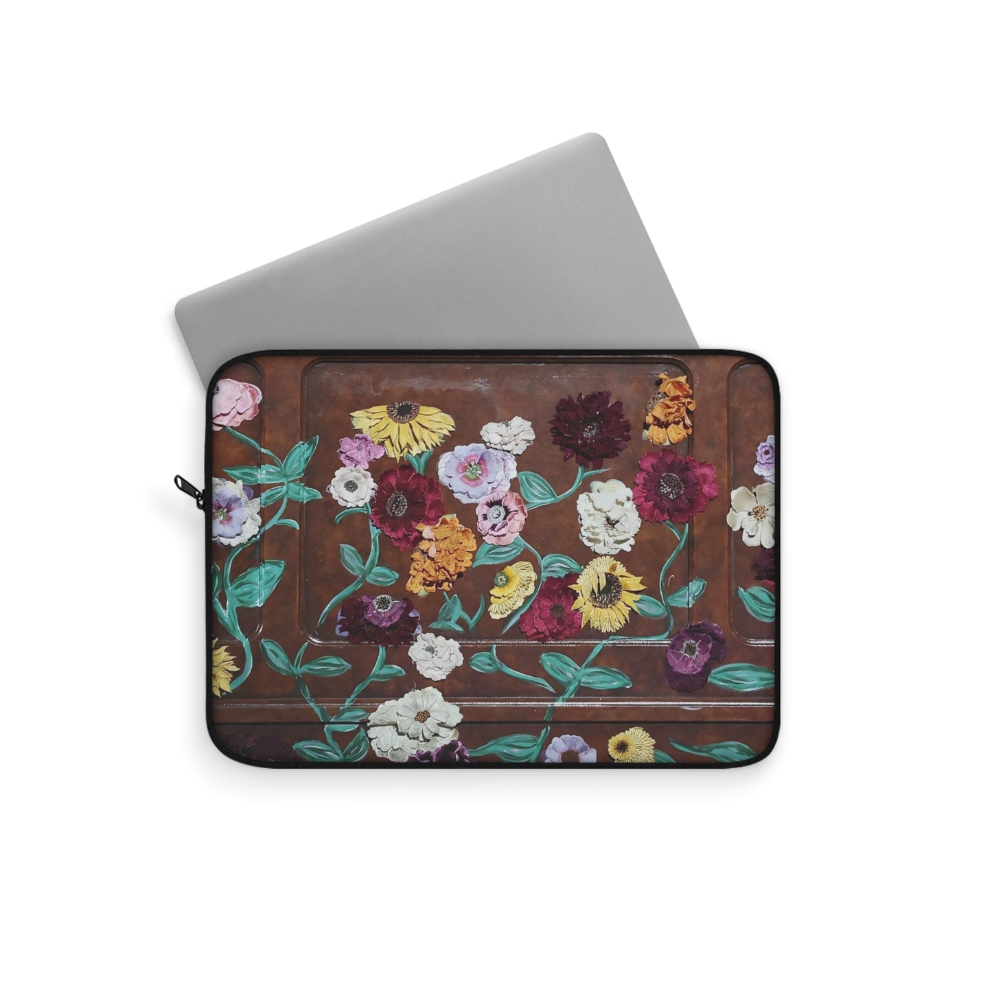 Floral Piano Laptop Sleeve — Garden Flowers on Rustic Brown