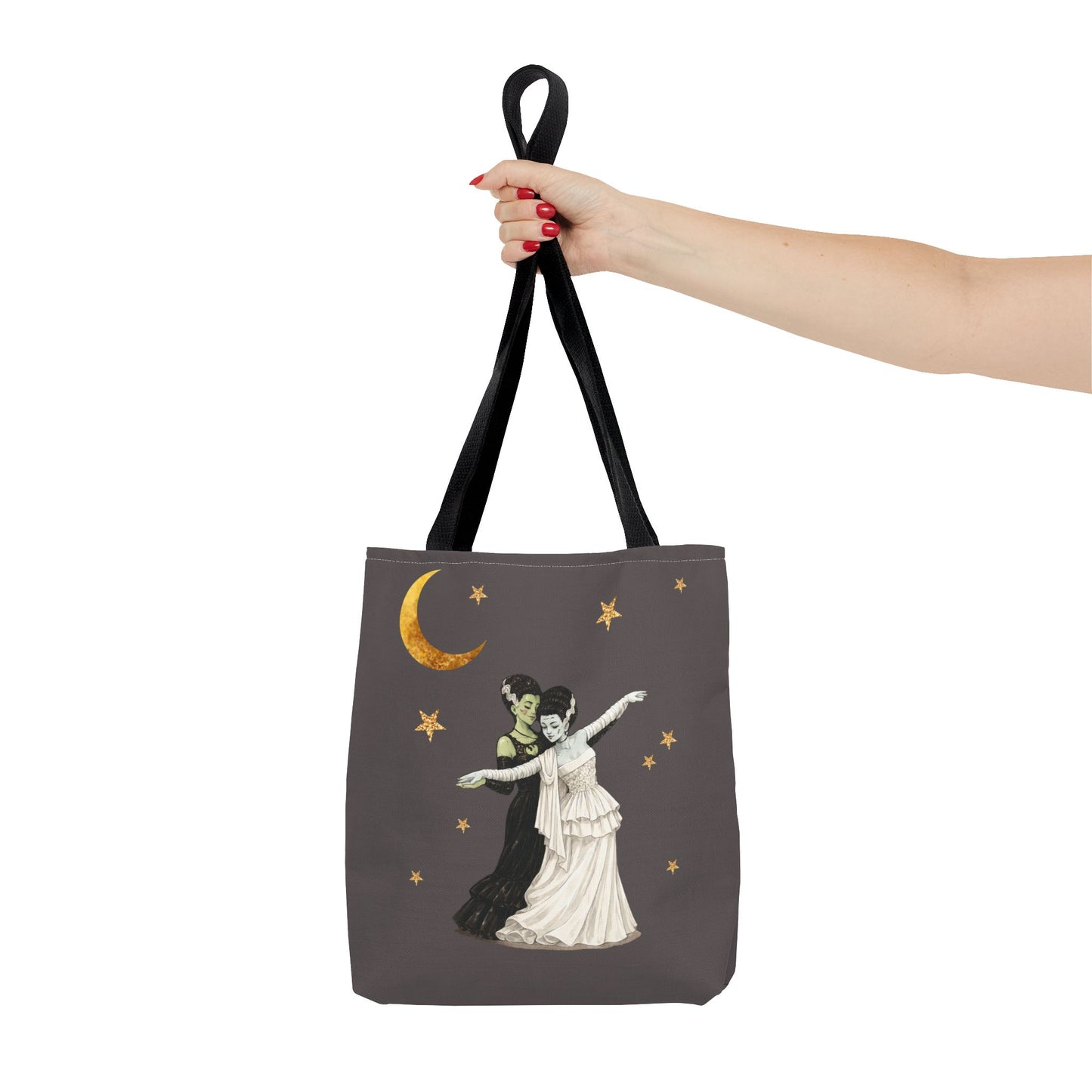 Moonlit Duet Tote Bag — Vintage Lesbian Monster Brides Couple with Gold Moon & Stars