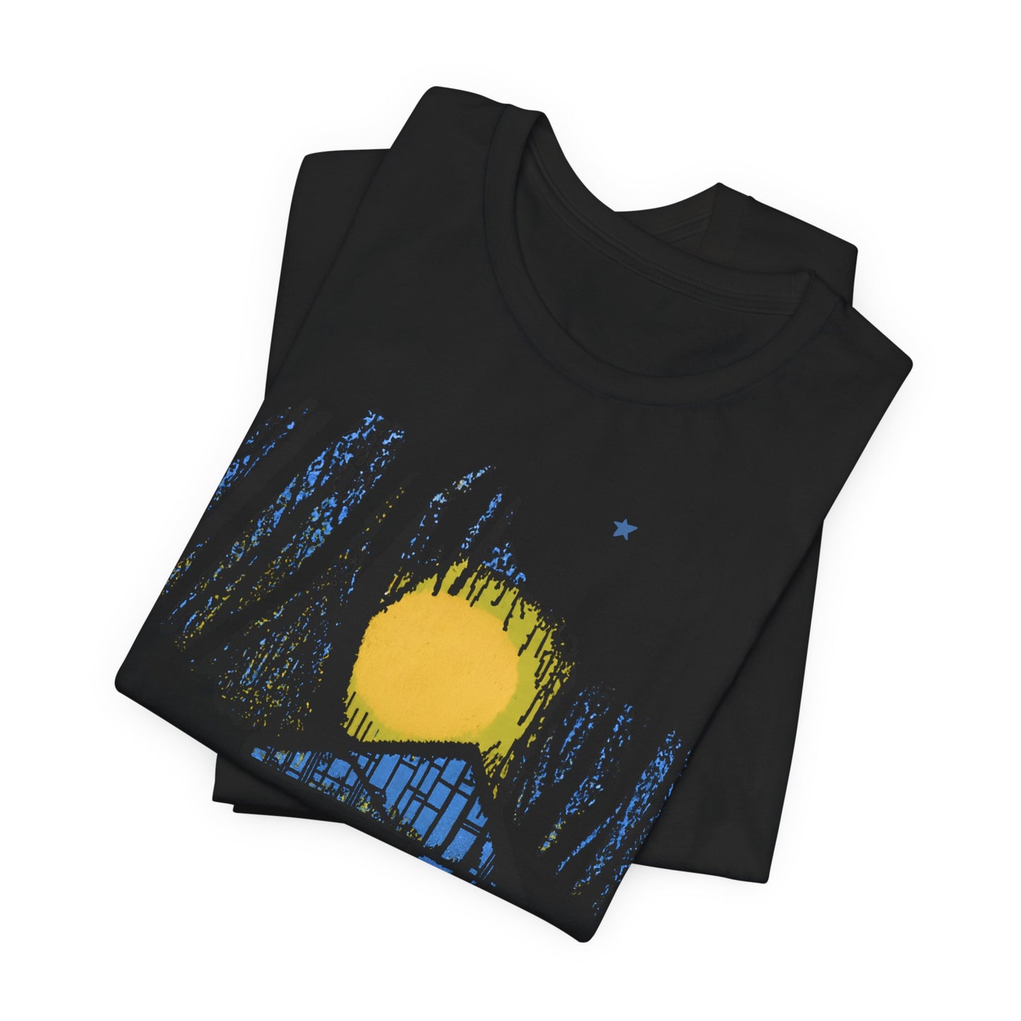 Night Cabin Graphic Tee — "Time, curious Time" Moonlit Forest T-Shirt