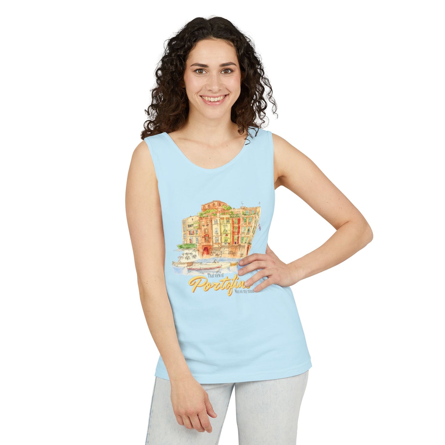 Portofino Watercolor Comfort Colors Unisex Tank Top — Italian Coastal Tee
