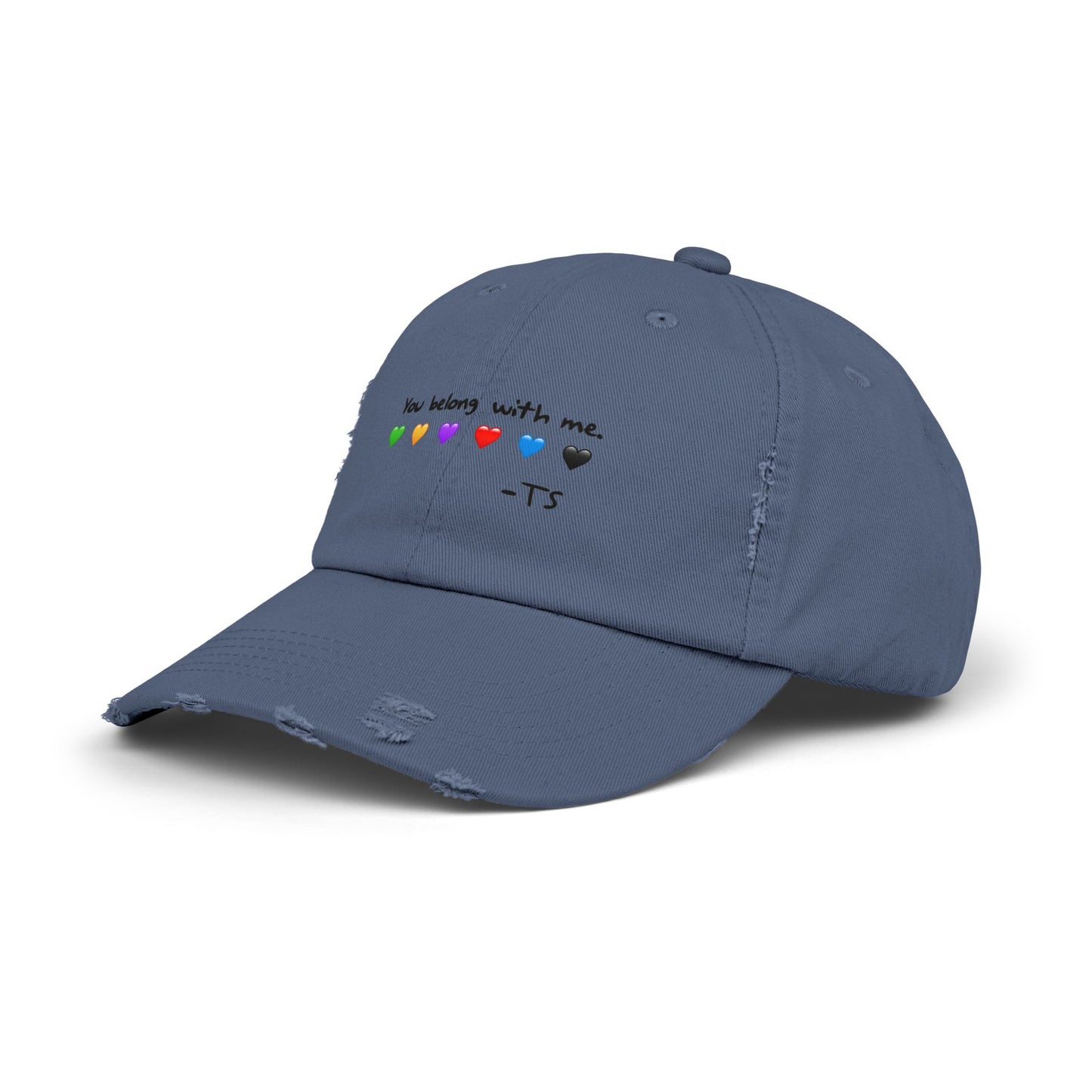 You belong with me - Printed Image - Unisex Distressed Cap with Heart Design - Perfect Gift for Music Lovers, Casual Wear, Festivals, Birthdays, Fan Merchandise