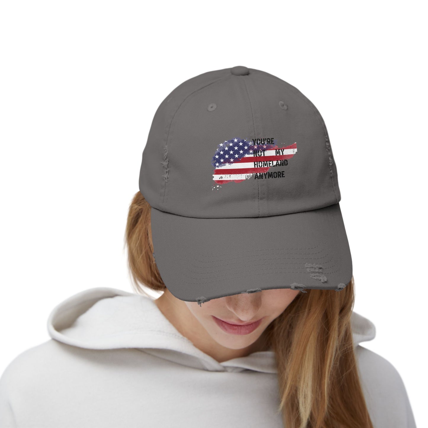 Not My Homeland Anymore Unisex Distressed Cap with American Flag Design, Casual Wear, Perfect for Protesting Events, Outdoor Adventures