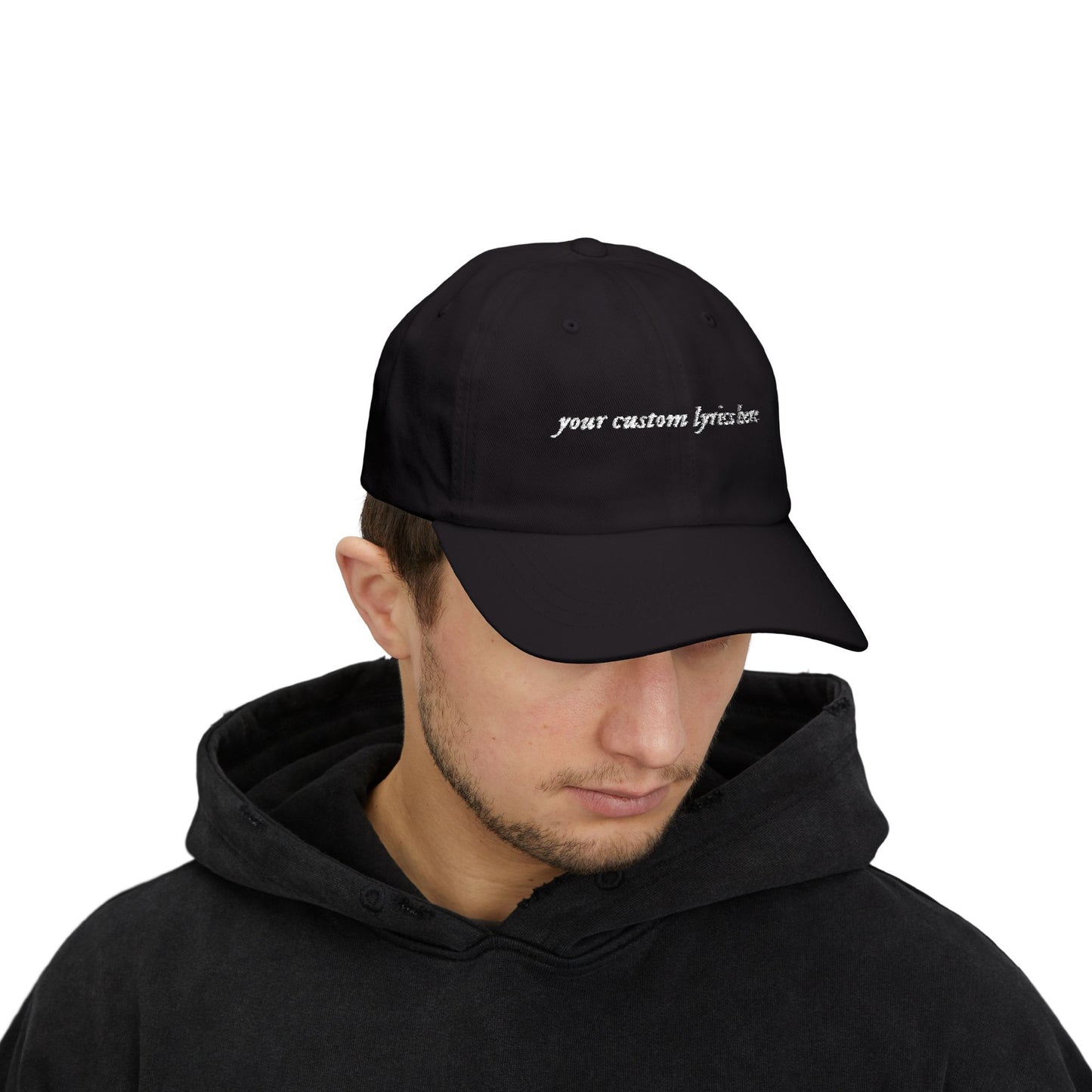 Custom Embroidered Lyrics Dad Cap - Dark hat, light color text