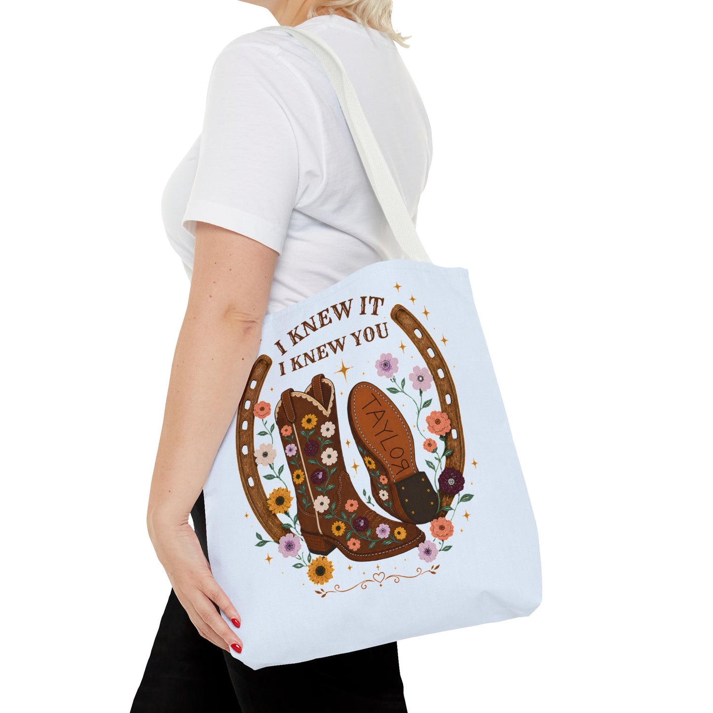 Western Floral Tote Bag — "I Knew It, I Knew You" Cowboy Boots & Horseshoe Design