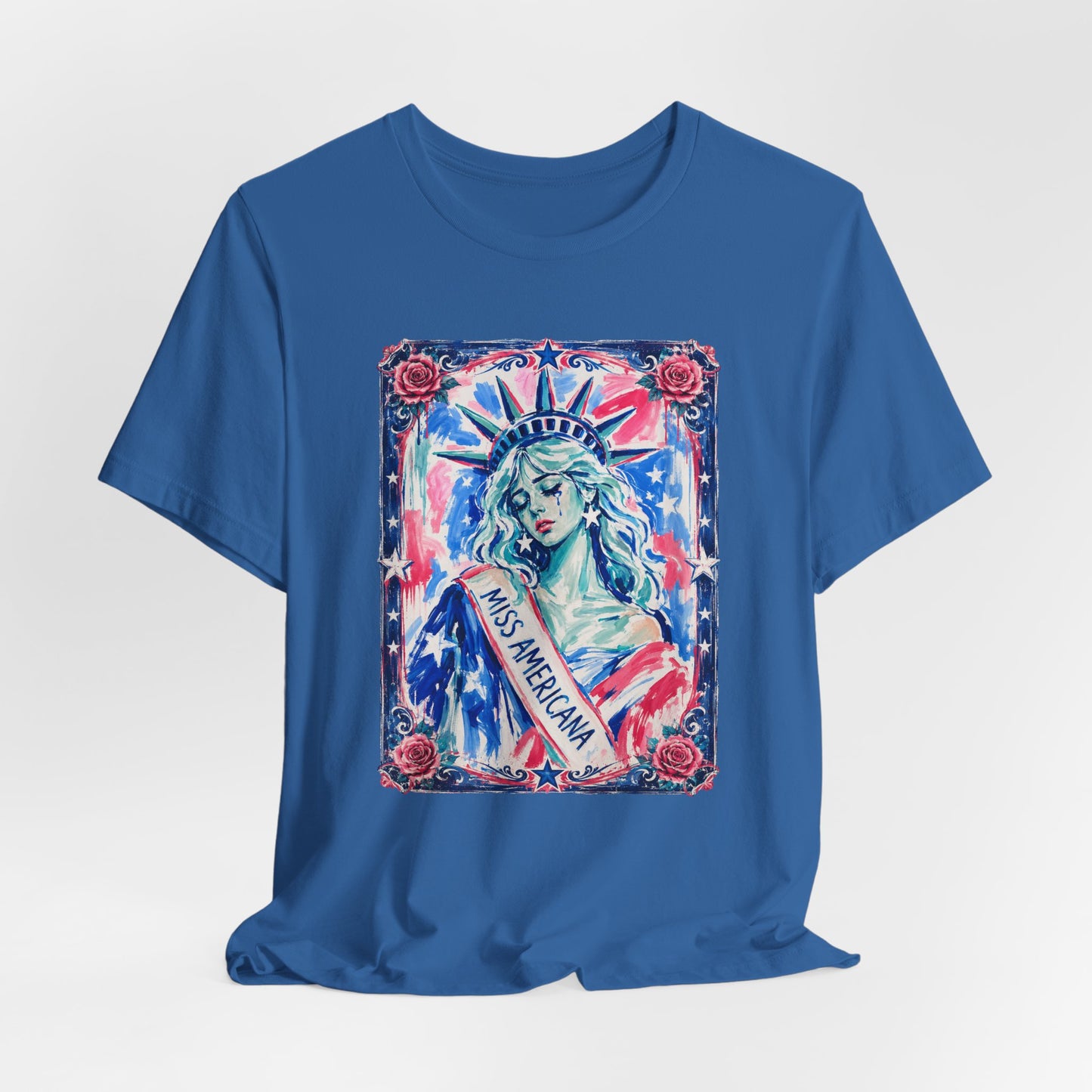 Miss Americana Statue of Liberty Patriotic Art Tee (Back: "I'm just mad as hell because I loved this place")