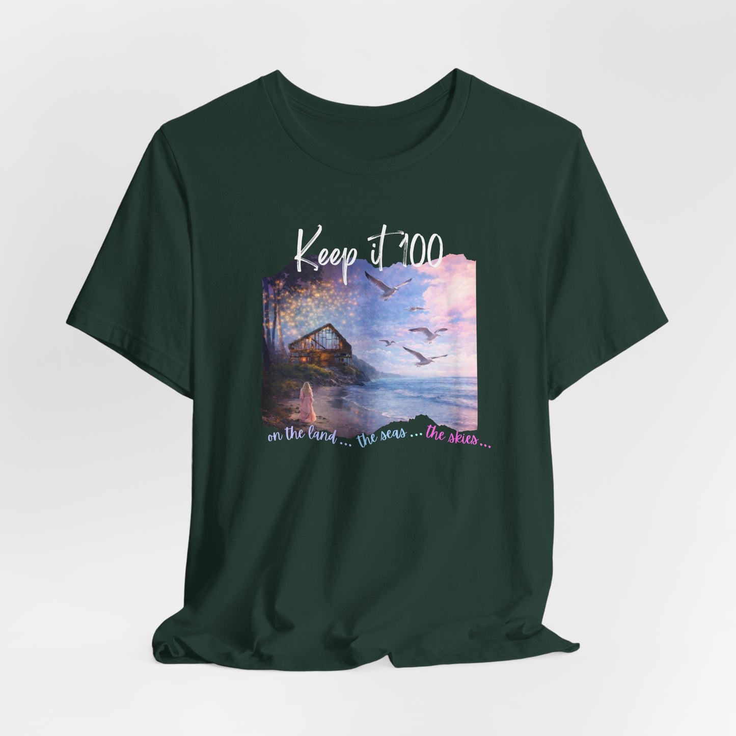 Keep It 100 Whimsical Scene T-Shirt — Coastal Sunset Cabin Graphic Tee