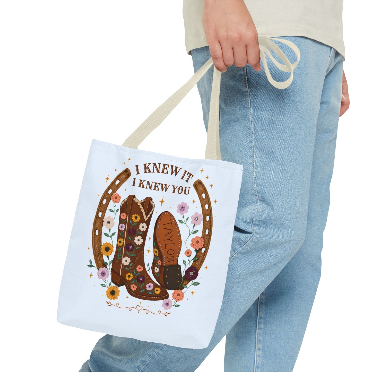Western Floral Tote Bag — "I Knew It, I Knew You" Cowboy Boots & Horseshoe Design