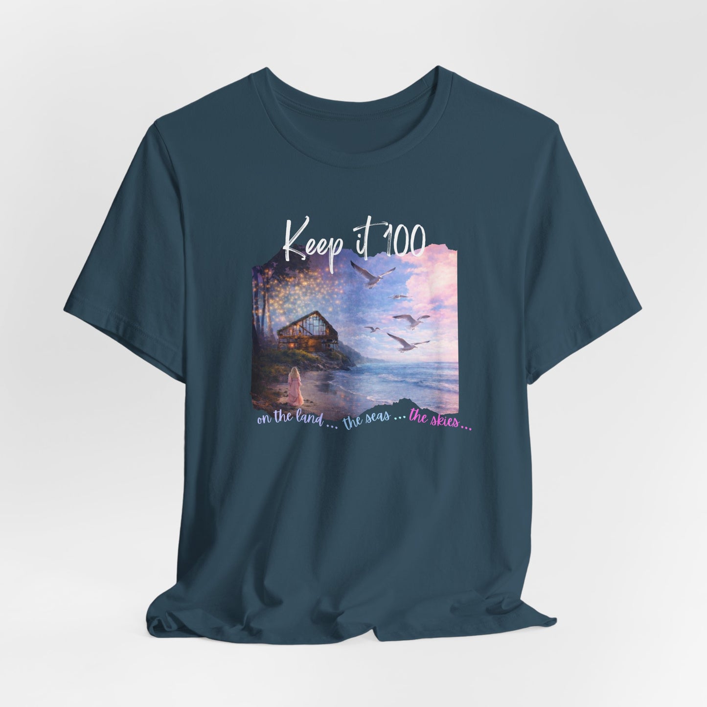 Keep It 100 Whimsical Scene T-Shirt — Coastal Sunset Cabin Graphic Tee