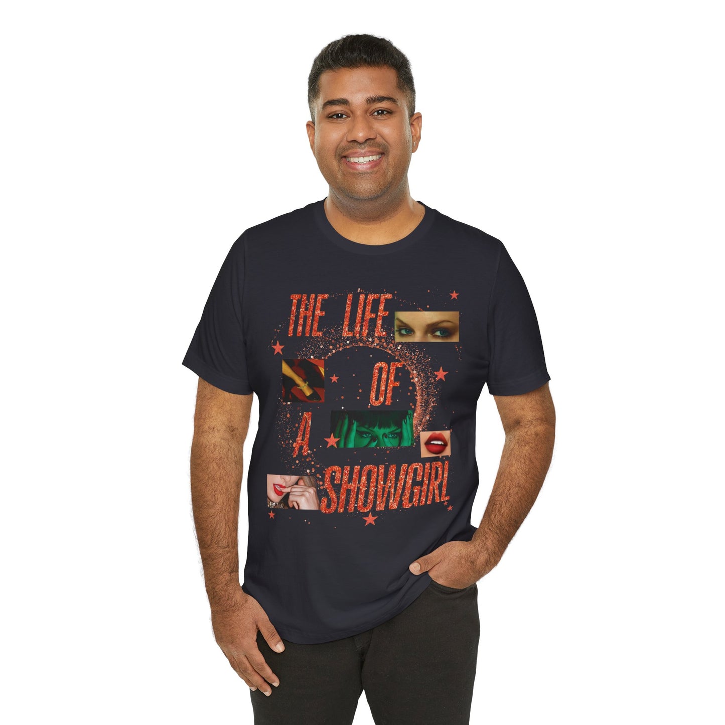 Showgirl Life Collage Graphic Tee, Unisex Jersey T-Shirt, Retro Style Top, Casual Wear, Gift for Performers, Fashion Statement Shirt
