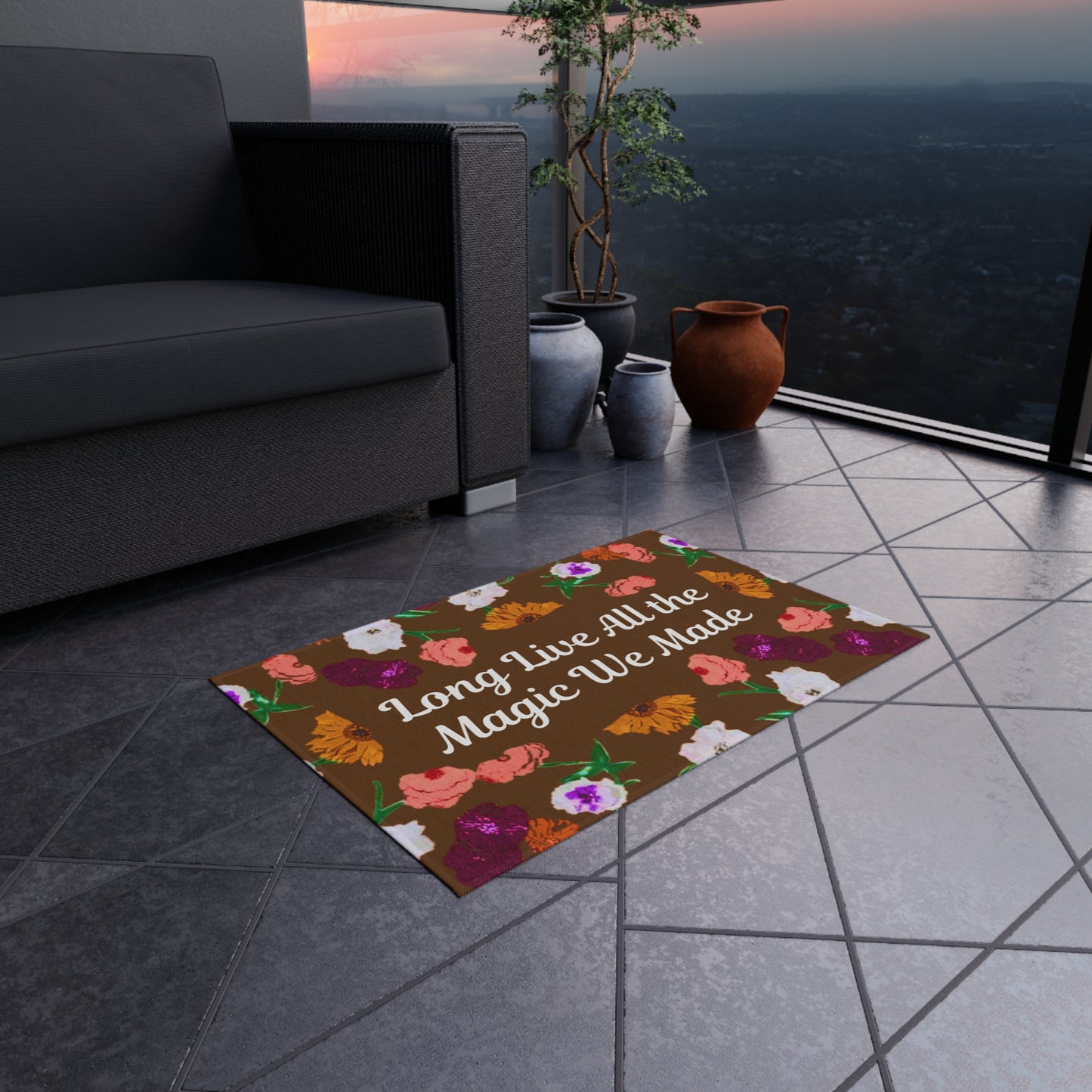 Indoor/Outdoor Rug — "Long Live" Floral Doormat