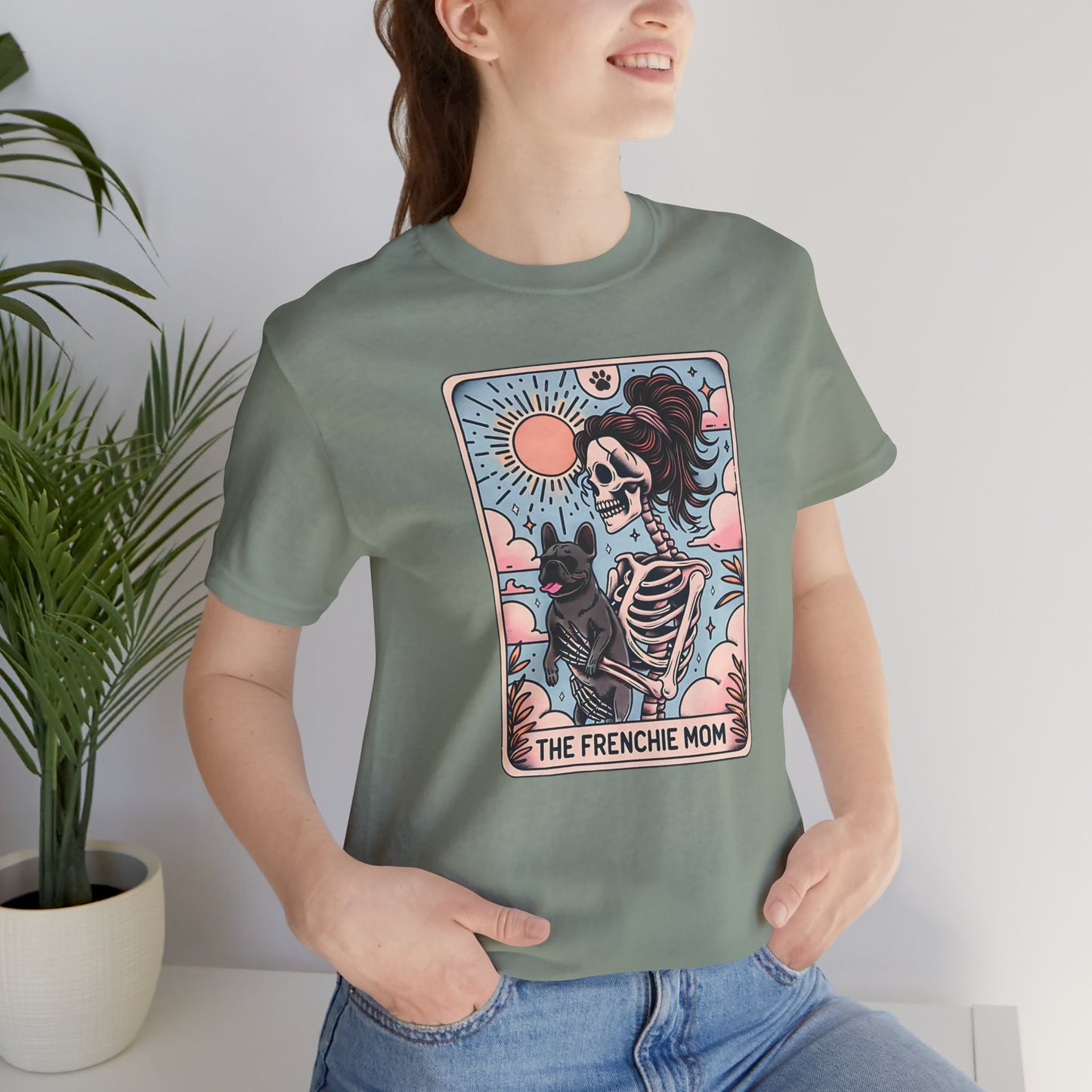 The Frenchie Mom Tarot Tee - Fun Graphic Shirt for Pet Lovers, Dog Mom Gift, Halloween Style, Casual Wear, Graphic T-Shirt, Unique Gift Idea