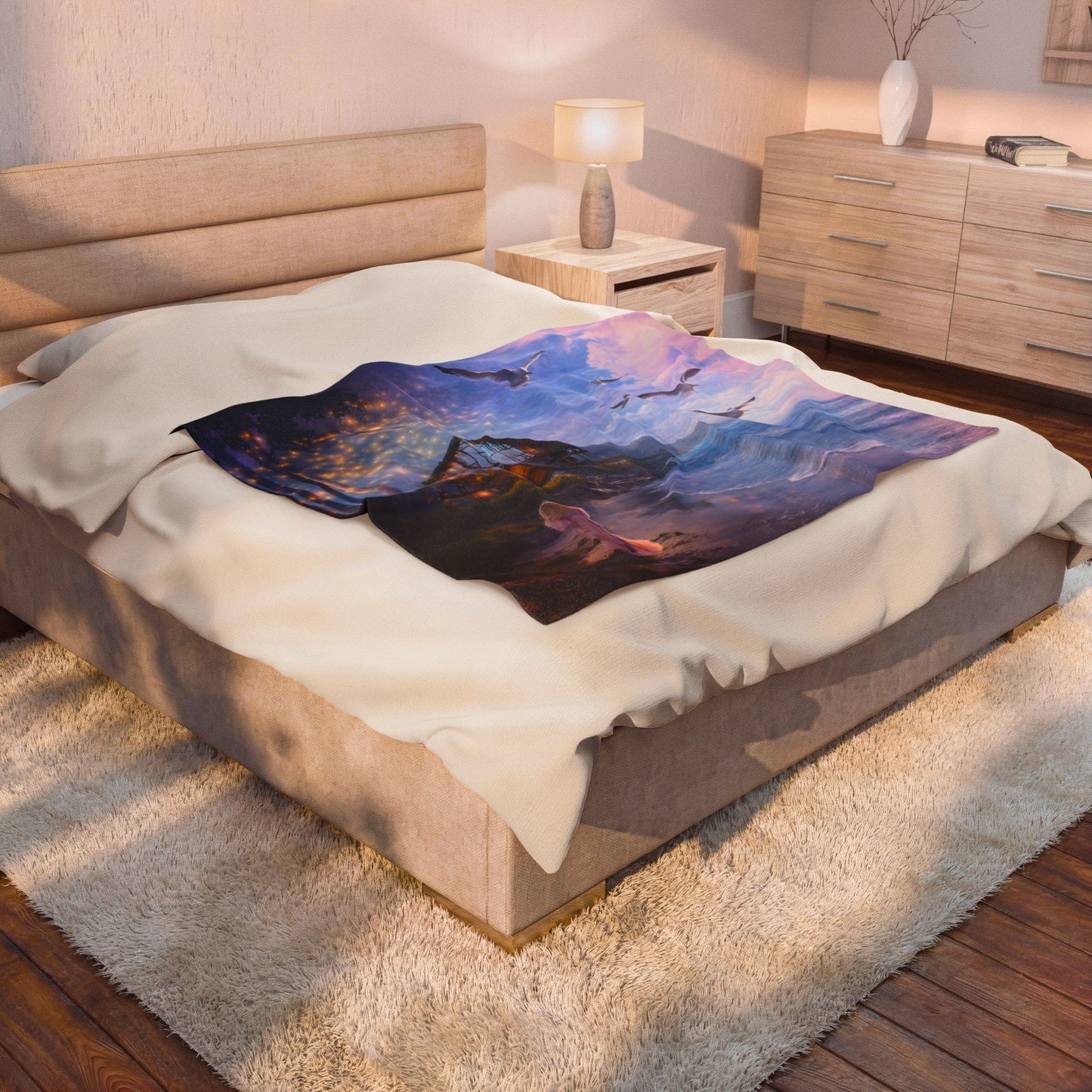 Keep it 100 Dreamy Seaside Velveteen Plush Blanket – Light Ocean Cottage Design
