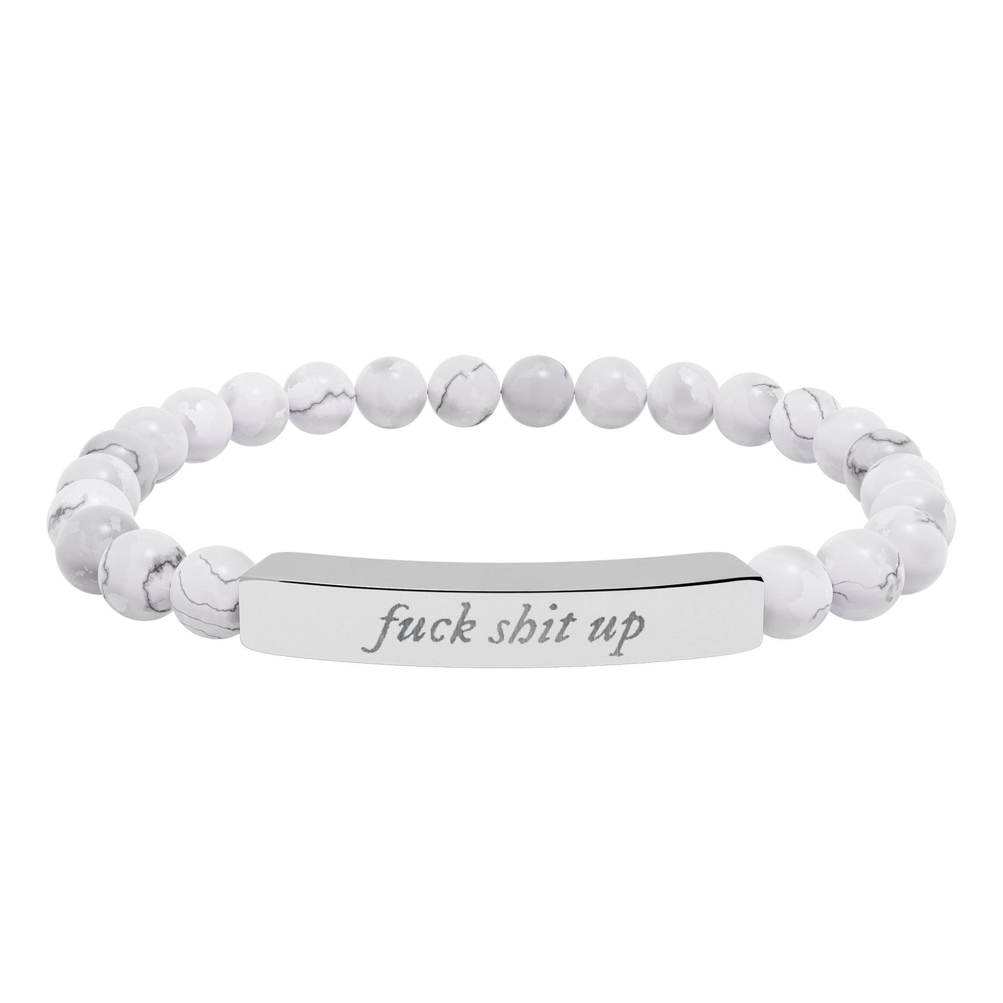 Engraved Natural Stone Stretch Bracelet — 'Fuck Shit Up' Bar Bead Bracelet
