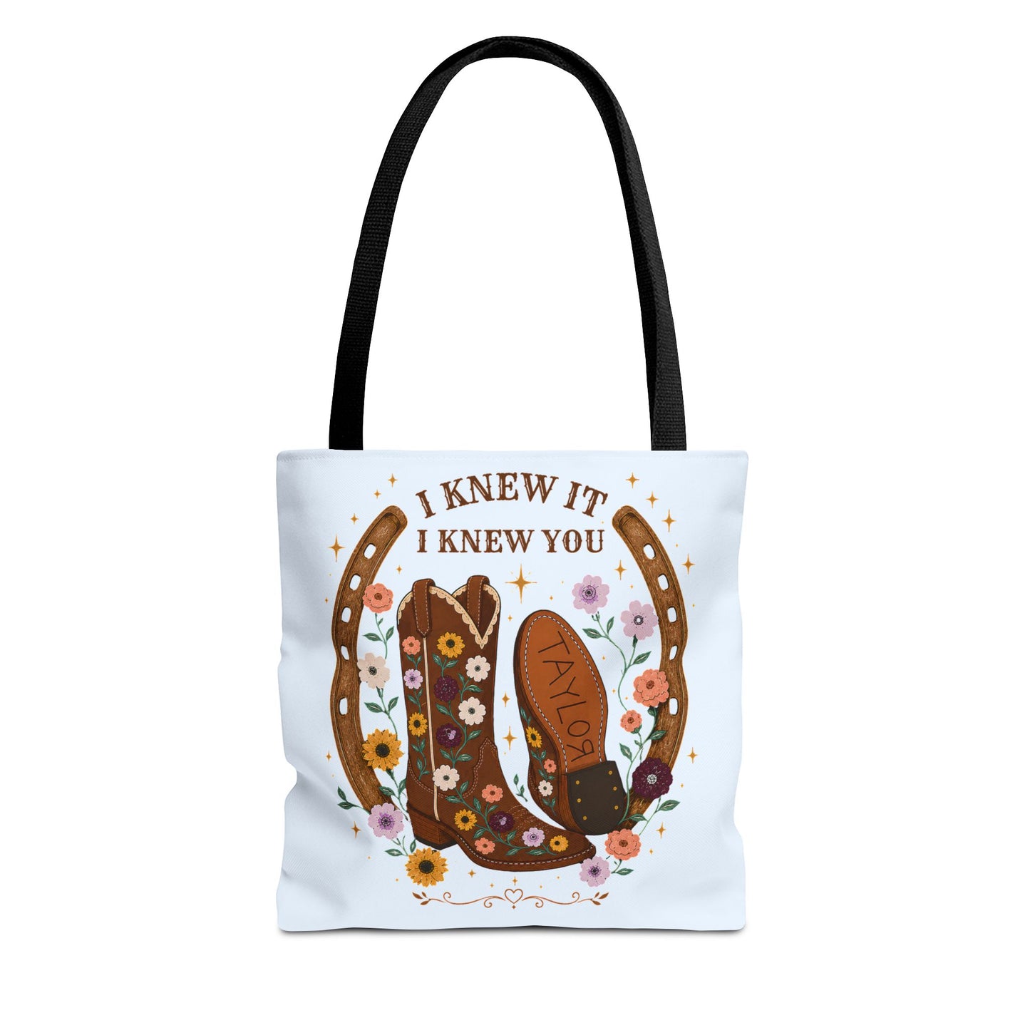 Western Floral Tote Bag — "I Knew It, I Knew You" Cowboy Boots & Horseshoe Design