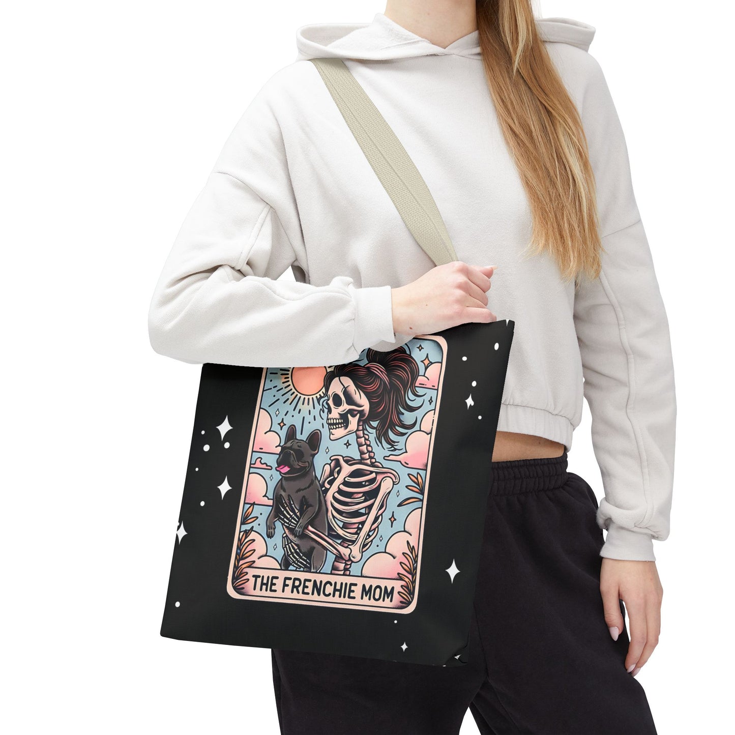 Frenchie Mom Tarot Tote Bag, Stylish Pet Lover Accessory, Ideal for Dog Moms, Halloween Gift, Trendy Grocery Bag, Eco-Friendly Bags