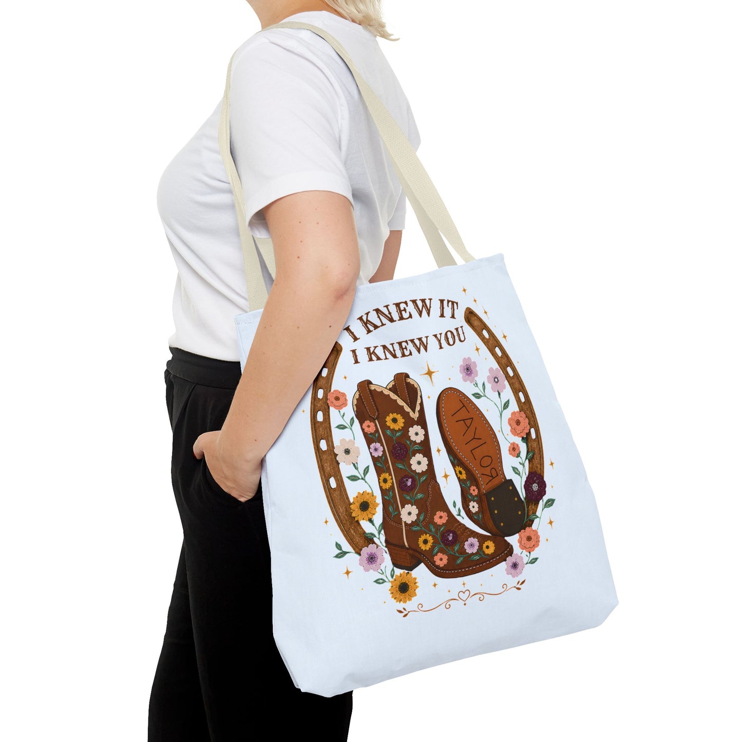 Western Floral Tote Bag — "I Knew It, I Knew You" Cowboy Boots & Horseshoe Design