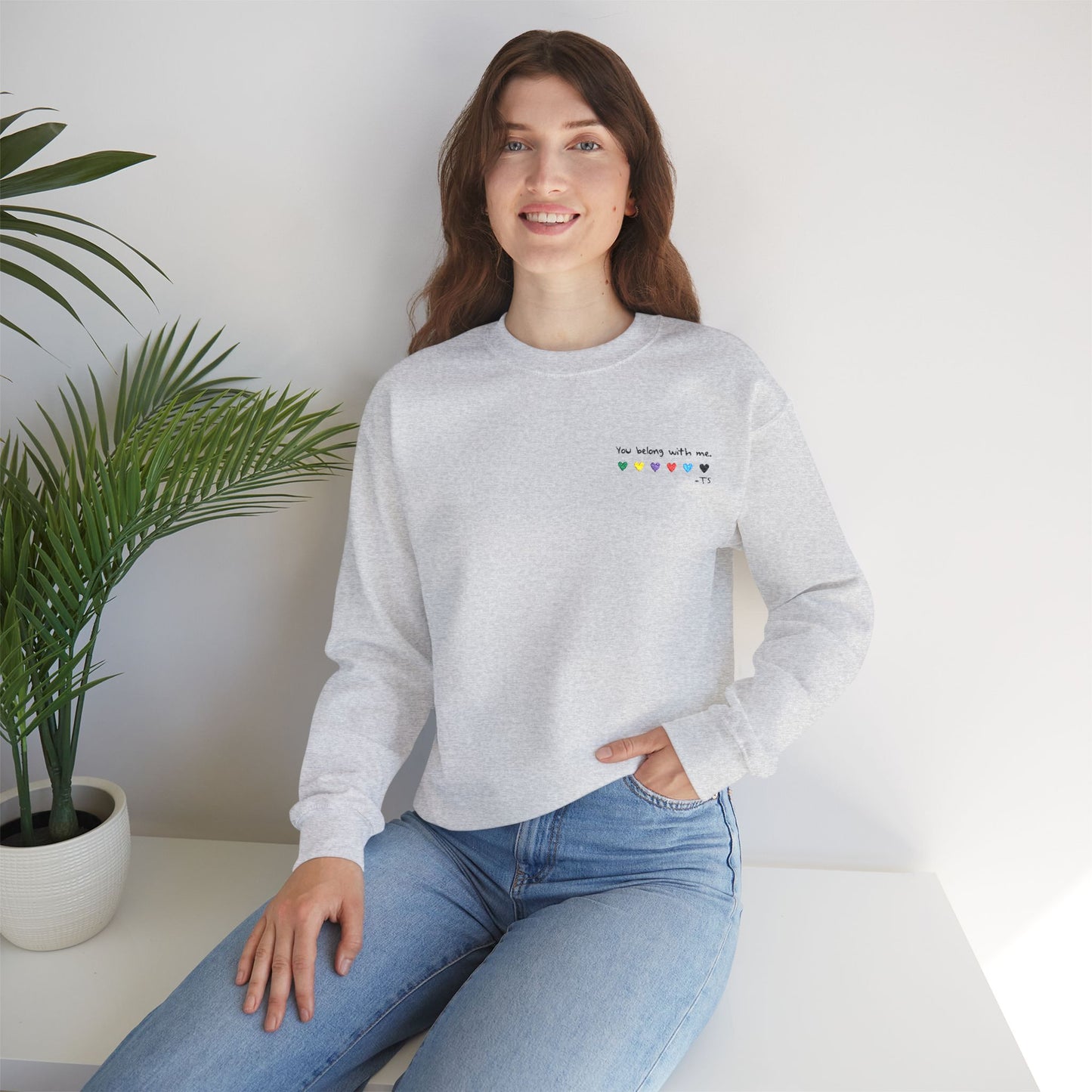 Embroidered You belong with me - (light colors) Colorful Hearts Crewneck Sweatshirt, Cozy Unisex Sweater for All Occasions, Gift for Friends, Valentine's Day, Cute Casualwear