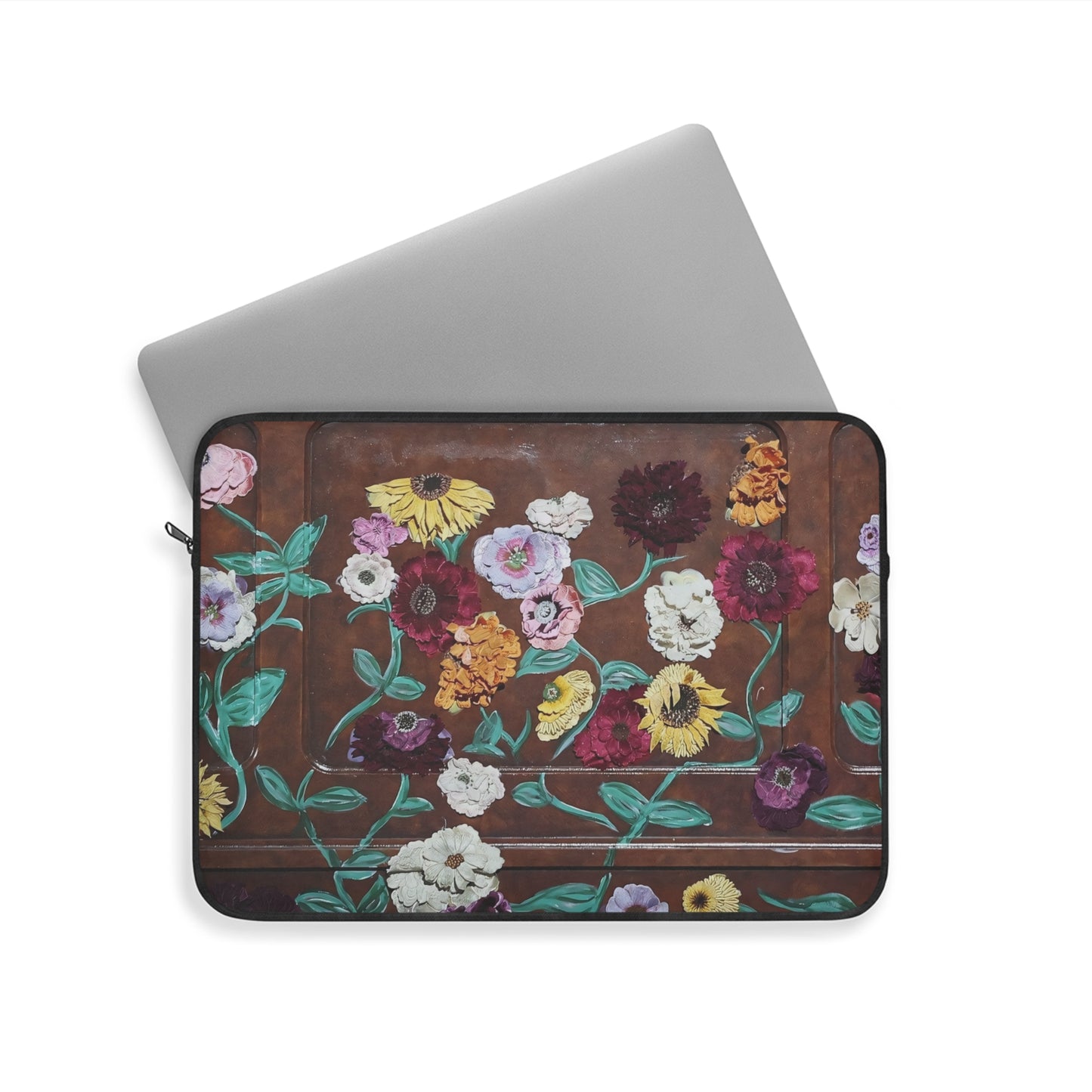 Floral Piano Laptop Sleeve — Garden Flowers on Rustic Brown