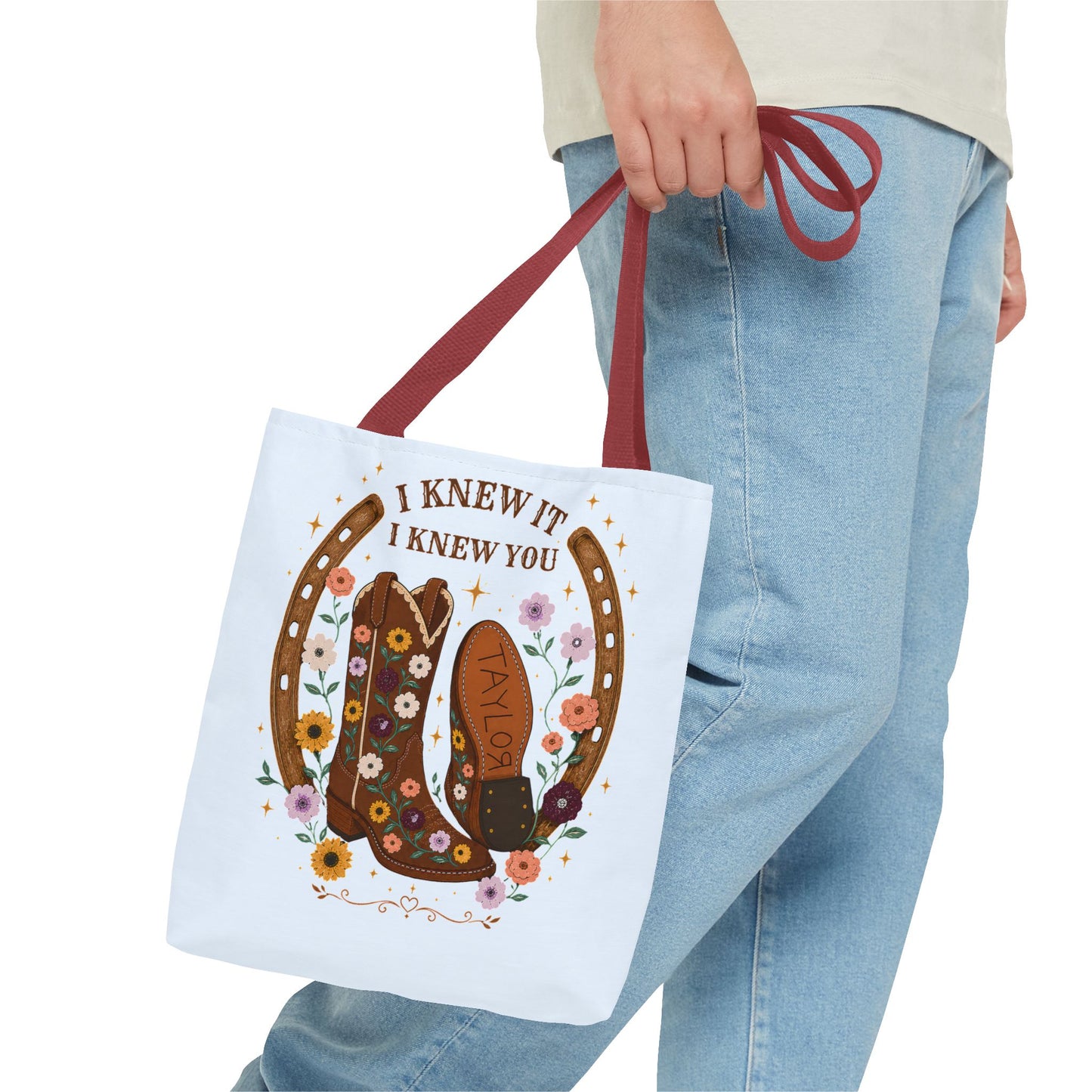 Western Floral Tote Bag — "I Knew It, I Knew You" Cowboy Boots & Horseshoe Design