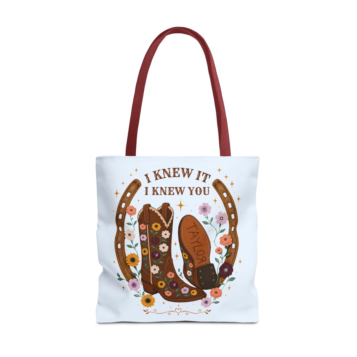 Western Floral Tote Bag — "I Knew It, I Knew You" Cowboy Boots & Horseshoe Design
