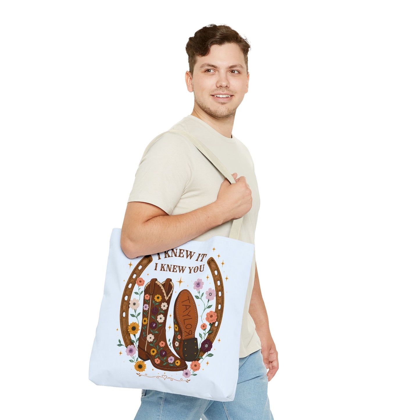 Western Floral Tote Bag — "I Knew It, I Knew You" Cowboy Boots & Horseshoe Design