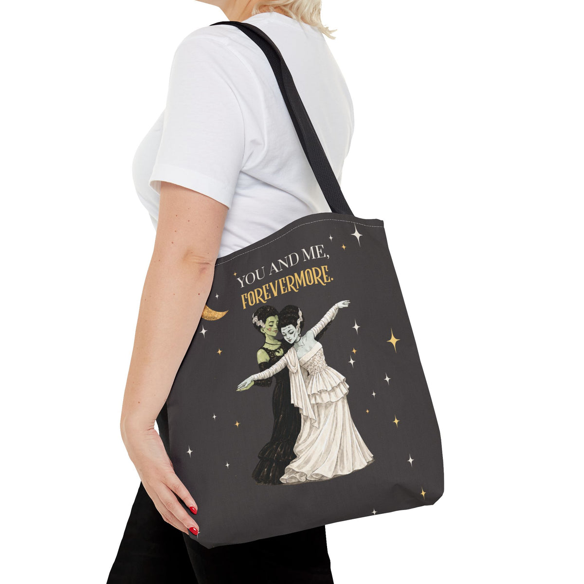 Moonlit Duet Tote Bag — Vintage Lesbian Monster Brides Couple with Gold Moon & Stars