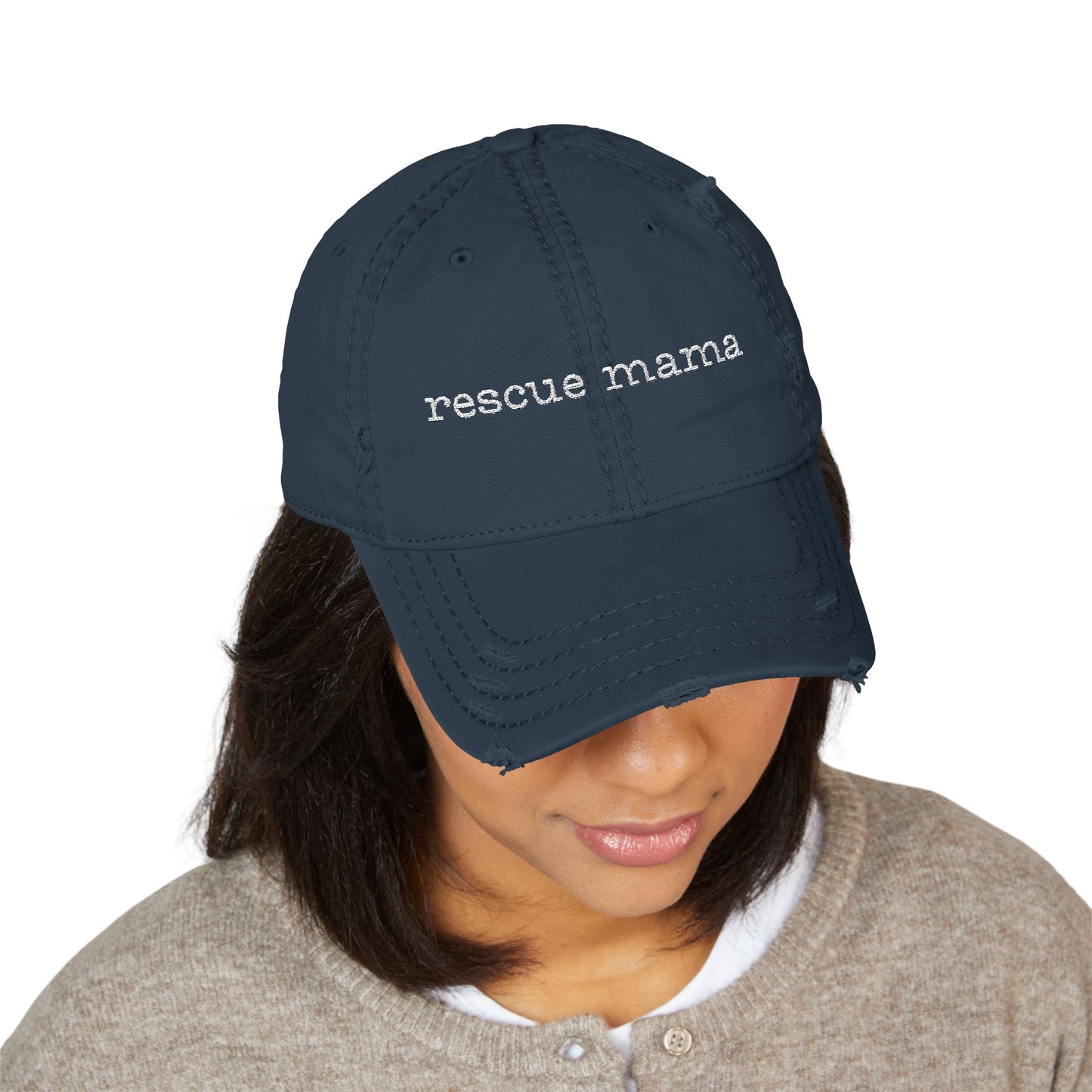 Rescue Mama Embroidered Distressed Hat - Casual Style, Perfect Gift for Pet Lovers, Everyday Hat, Relaxed Look